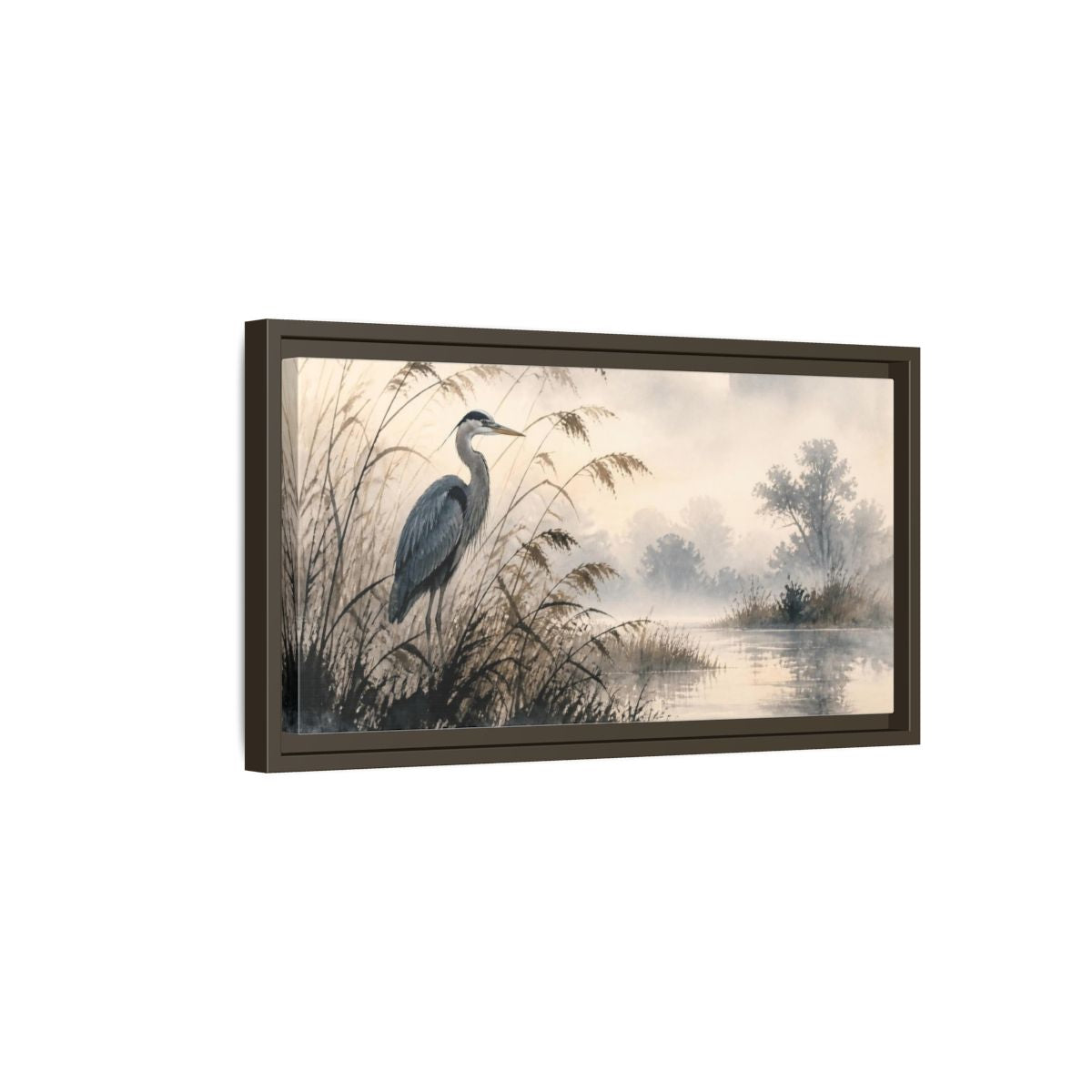 Side Mockup 7. Nature Heron By Marsh shown as framed canvas print