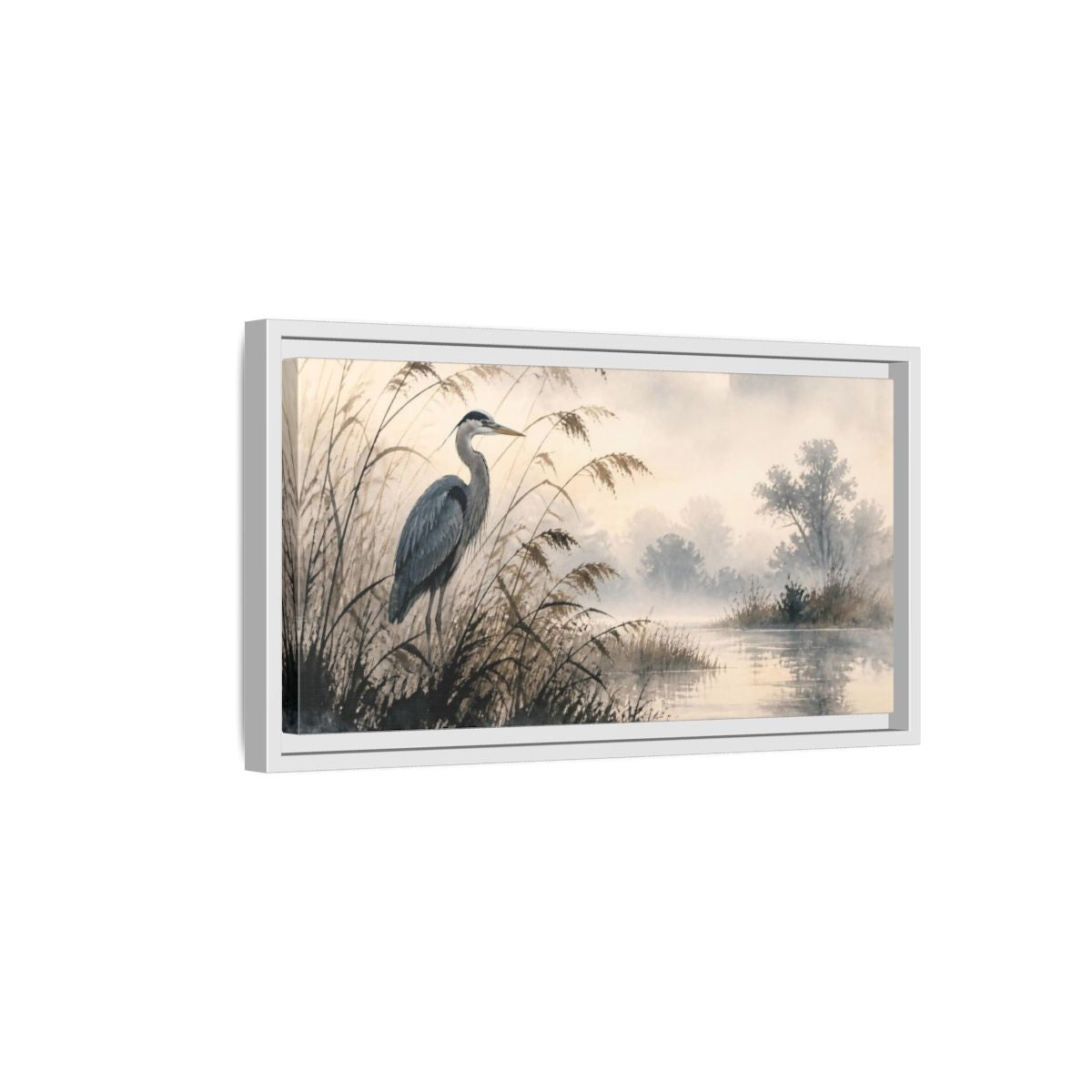 Side Mockup 6. Nature Heron By Marsh shown as framed canvas print