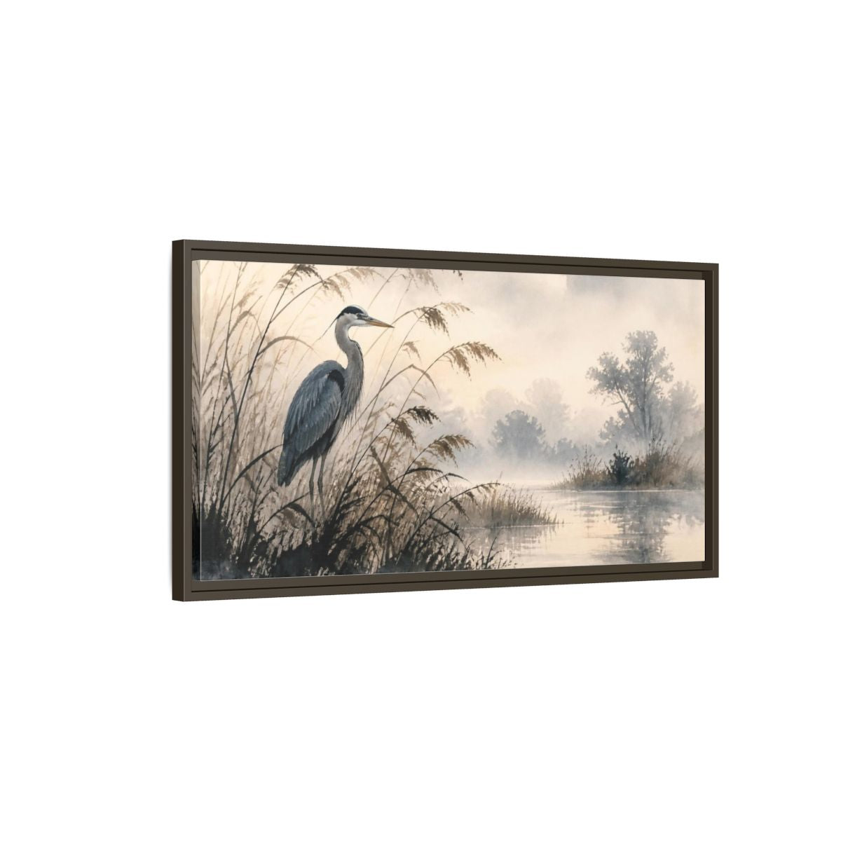Main Mockup. Nature Heron By Marsh shown as framed canvas print