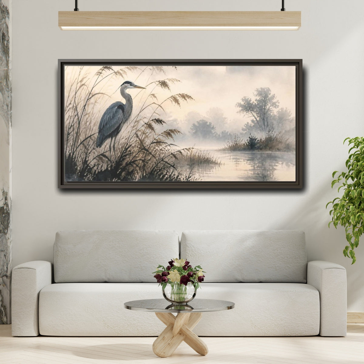 Mockup 2. Nature Heron By Marsh shown as framed canvas print