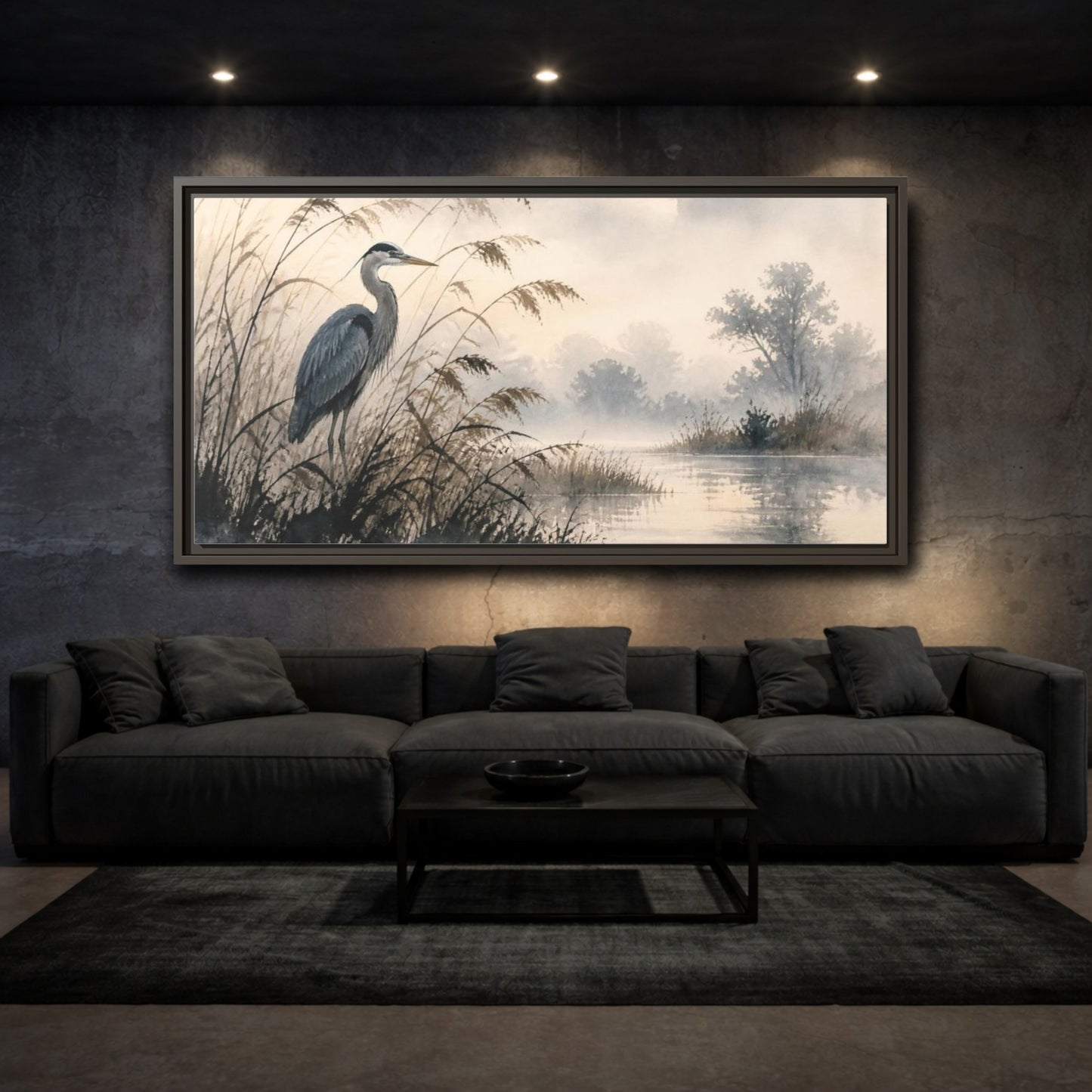 Mockup 3. Nature Heron By Marsh shown as framed canvas print