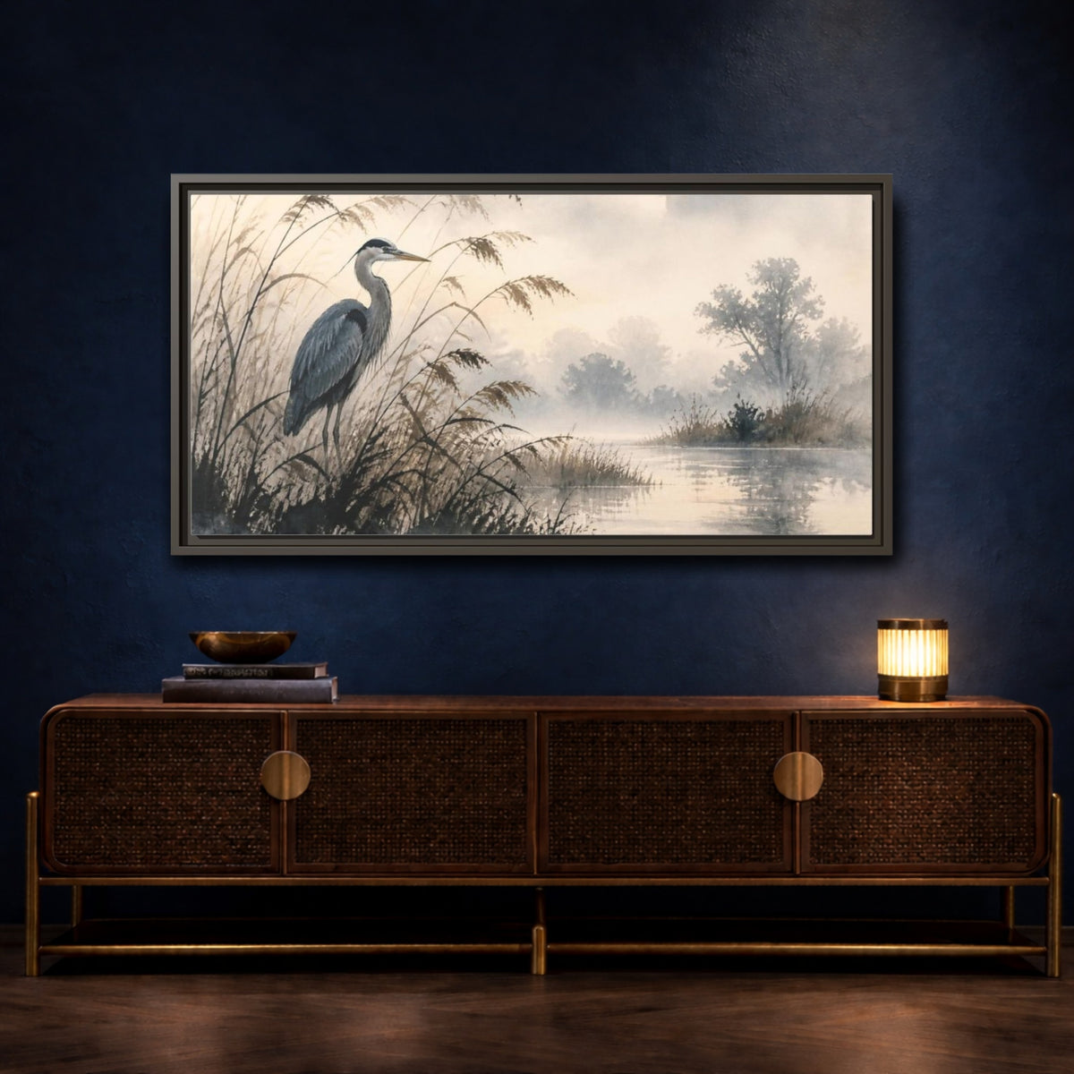 Mockup 4. Nature Heron By Marsh shown as framed canvas print