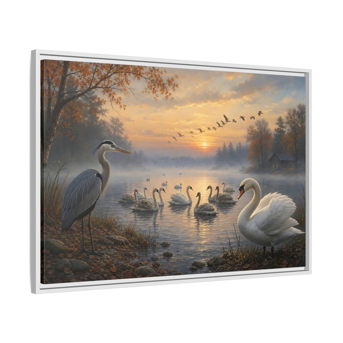Side Mockup 9. Nature Heron, Swans Autumn Lake Birds shown as stretched canvas wall art