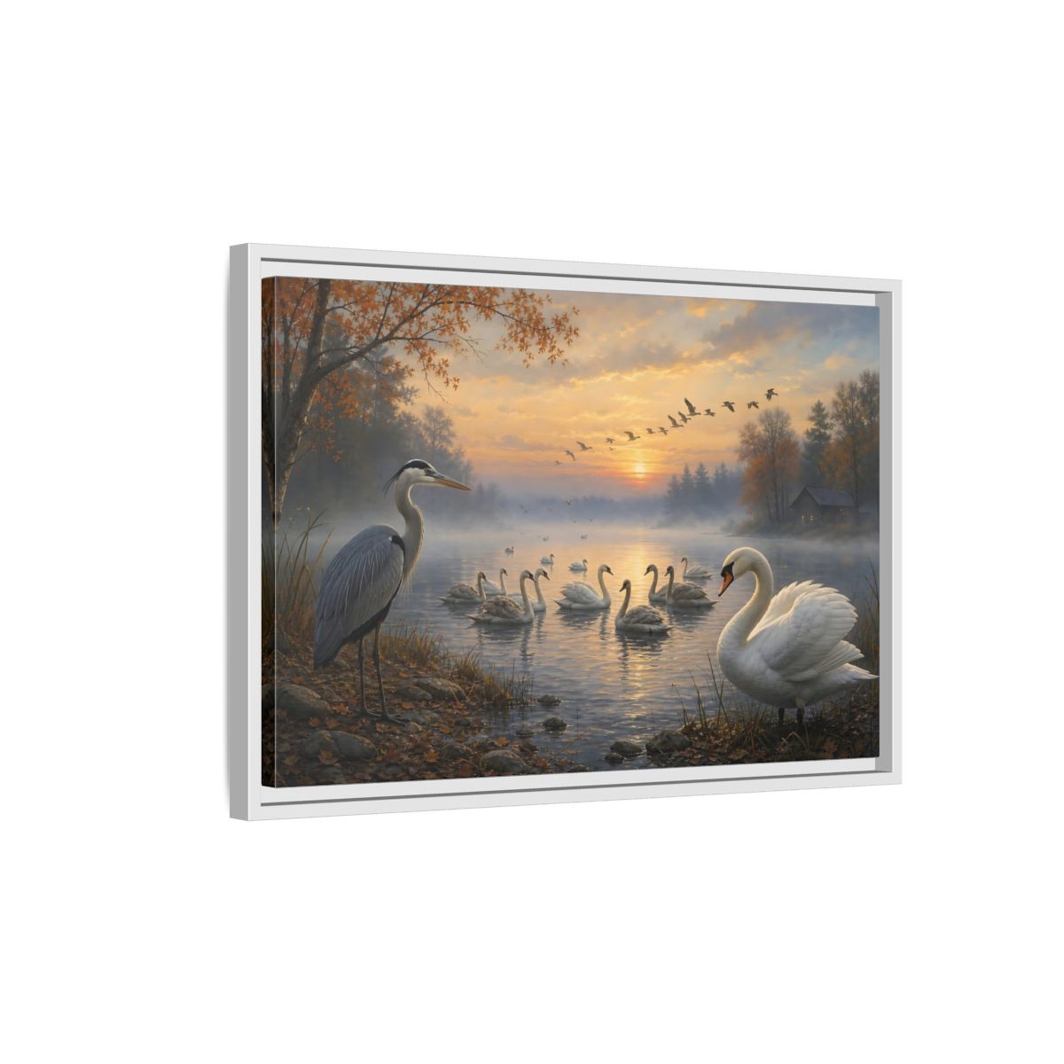 Side Mockup 1. Nature Heron, Swans Autumn Lake Birds shown as stretched canvas wall art