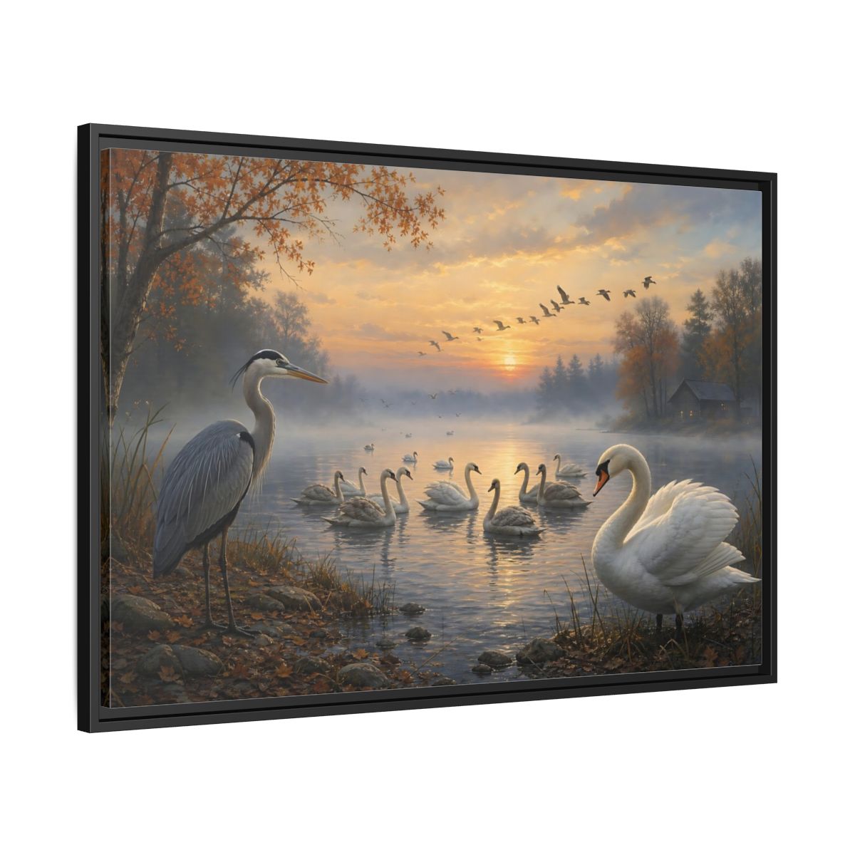 Side Mockup 13. Nature Heron, Swans Autumn Lake Birds shown as stretched canvas wall art
