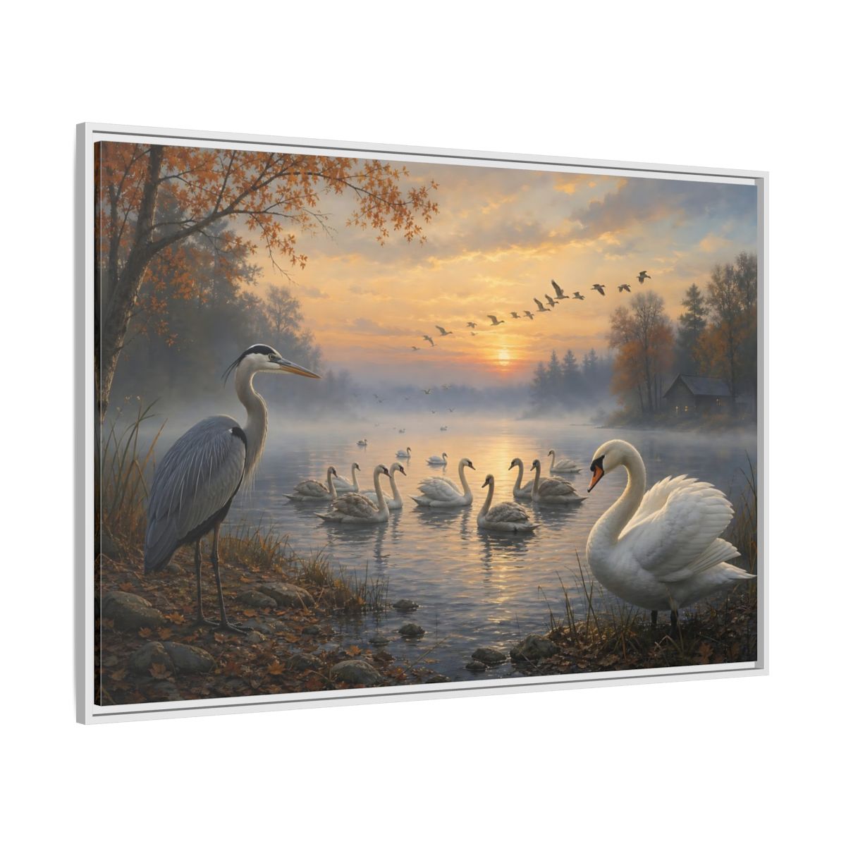 Side Mockup 7. Nature Heron, Swans Autumn Lake Birds shown as stretched canvas wall art