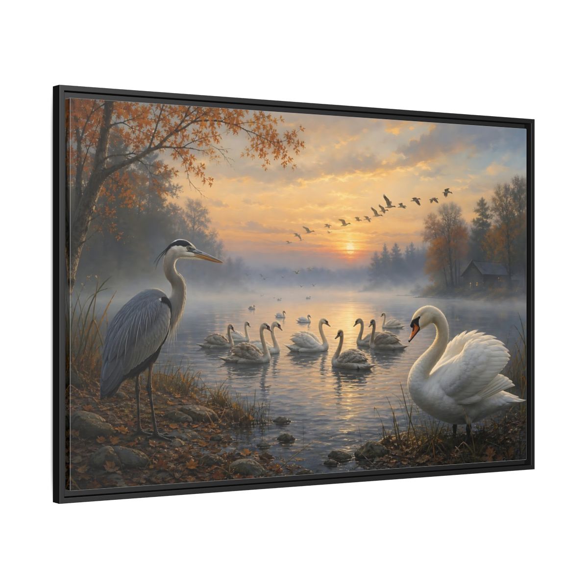 Side Mockup 12. Nature Heron, Swans Autumn Lake Birds shown as stretched canvas wall art