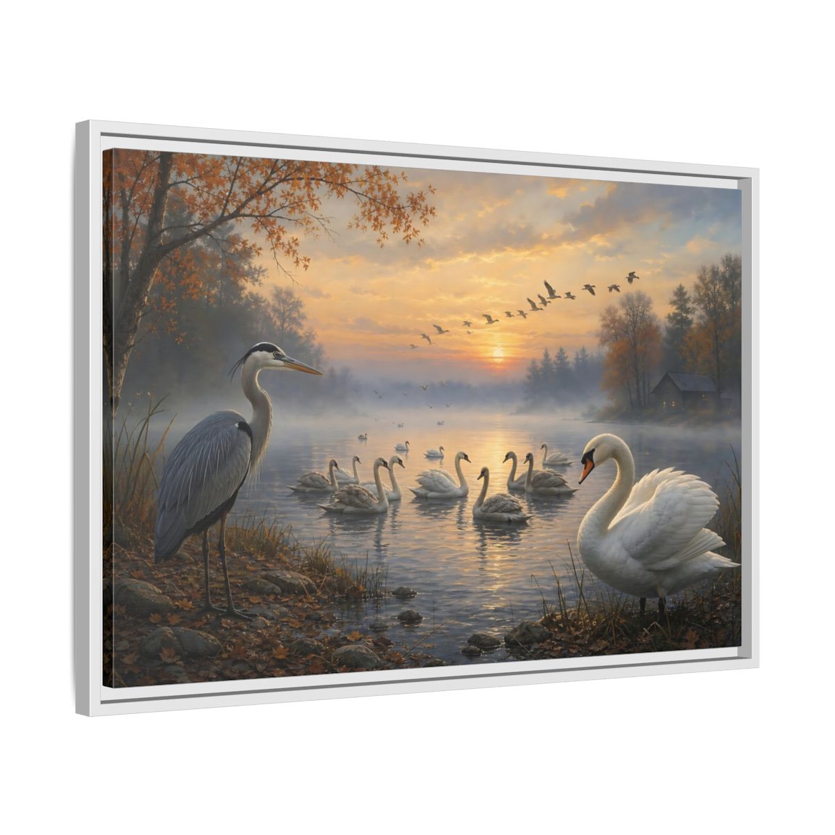Side Mockup 10. Nature Heron, Swans Autumn Lake Birds shown as stretched canvas wall art