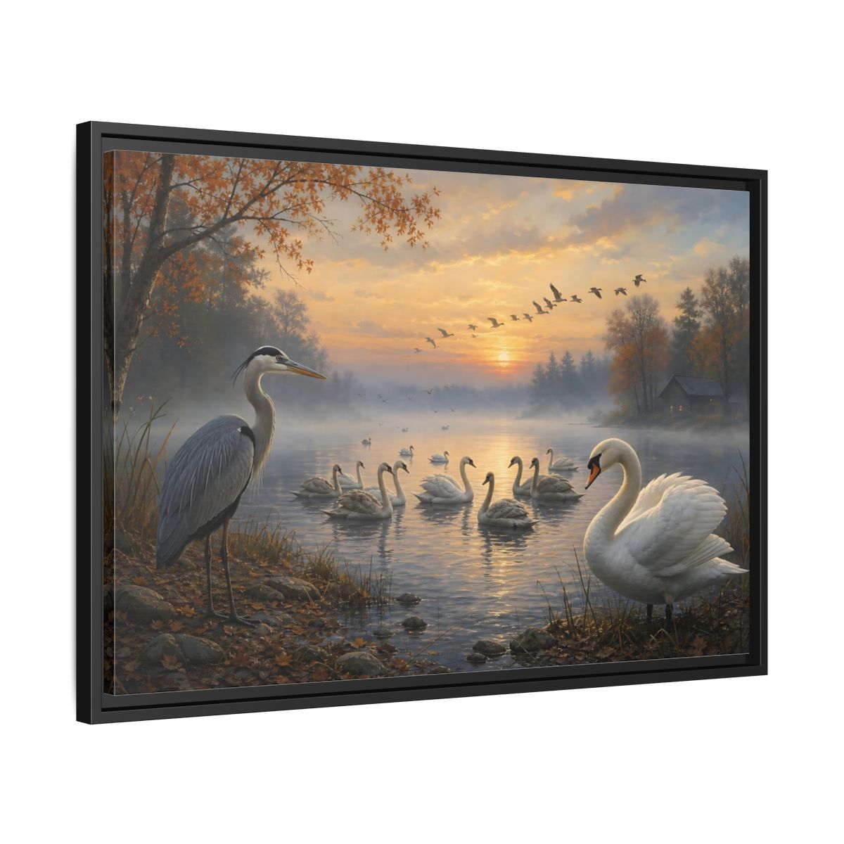 Side Mockup 14. Nature Heron, Swans Autumn Lake Birds shown as stretched canvas wall art