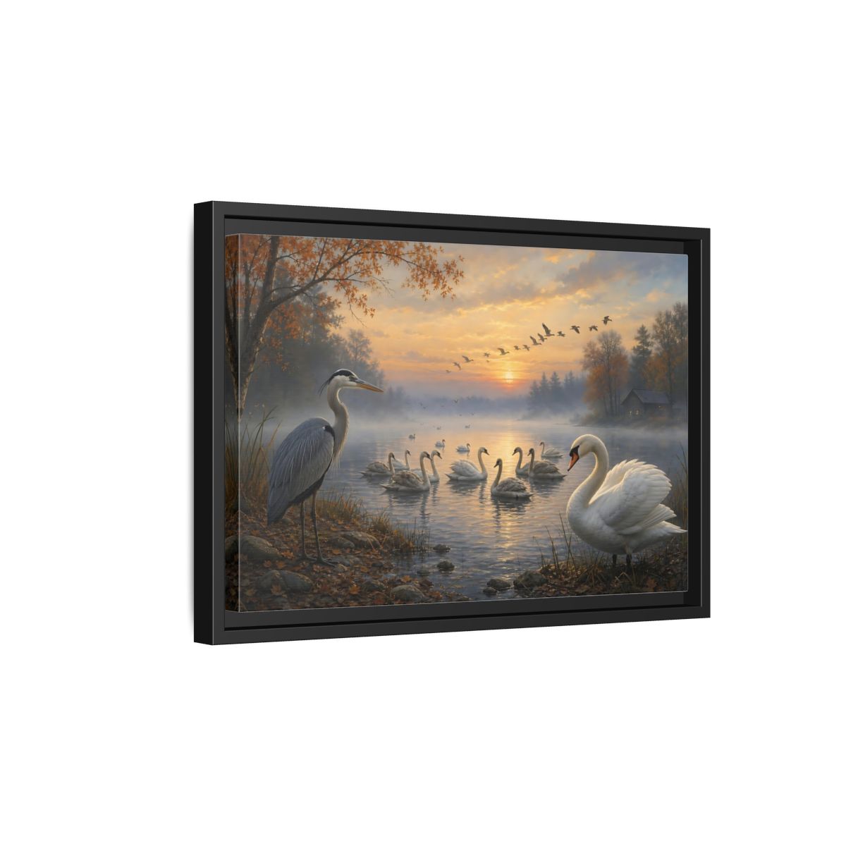 Side Mockup 6. Nature Heron, Swans Autumn Lake Birds shown as stretched canvas wall art