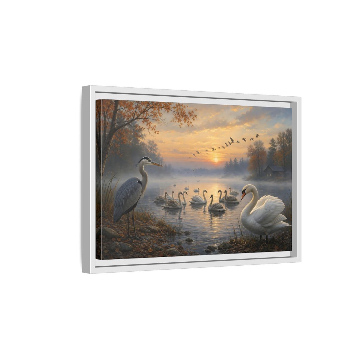 Side Mockup 4. Nature Heron, Swans Autumn Lake Birds shown as stretched canvas wall art