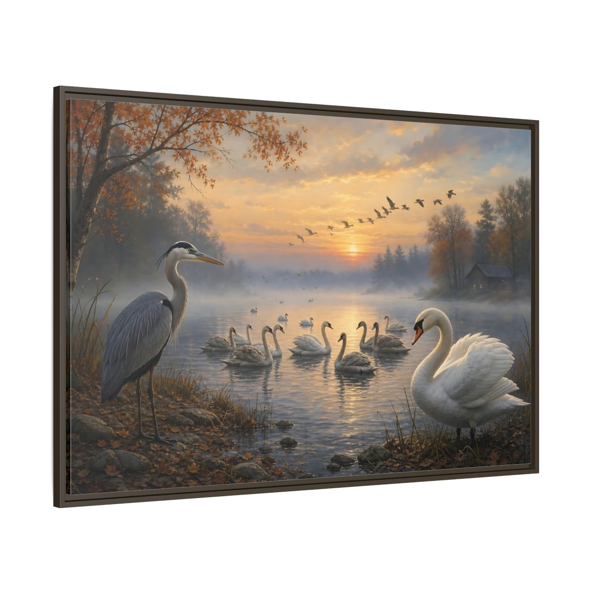 Side Mockup 8. Nature Heron, Swans Autumn Lake Birds shown as stretched canvas wall art