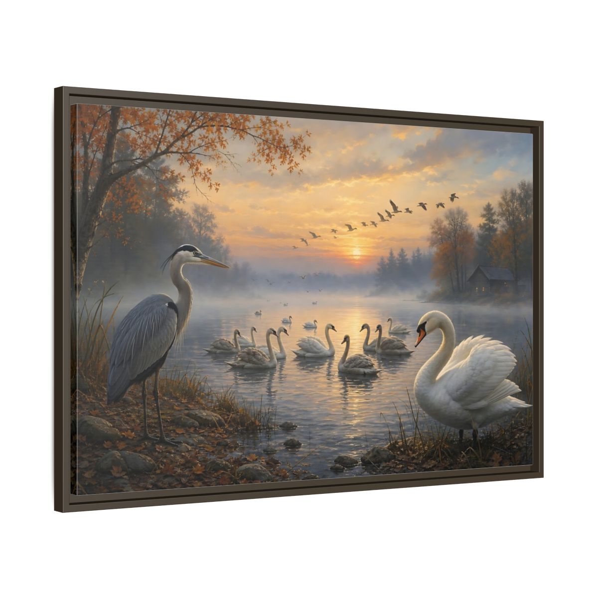 Main Mockup. Nature Heron, Swans Autumn Lake Birds shown as stretched canvas wall art