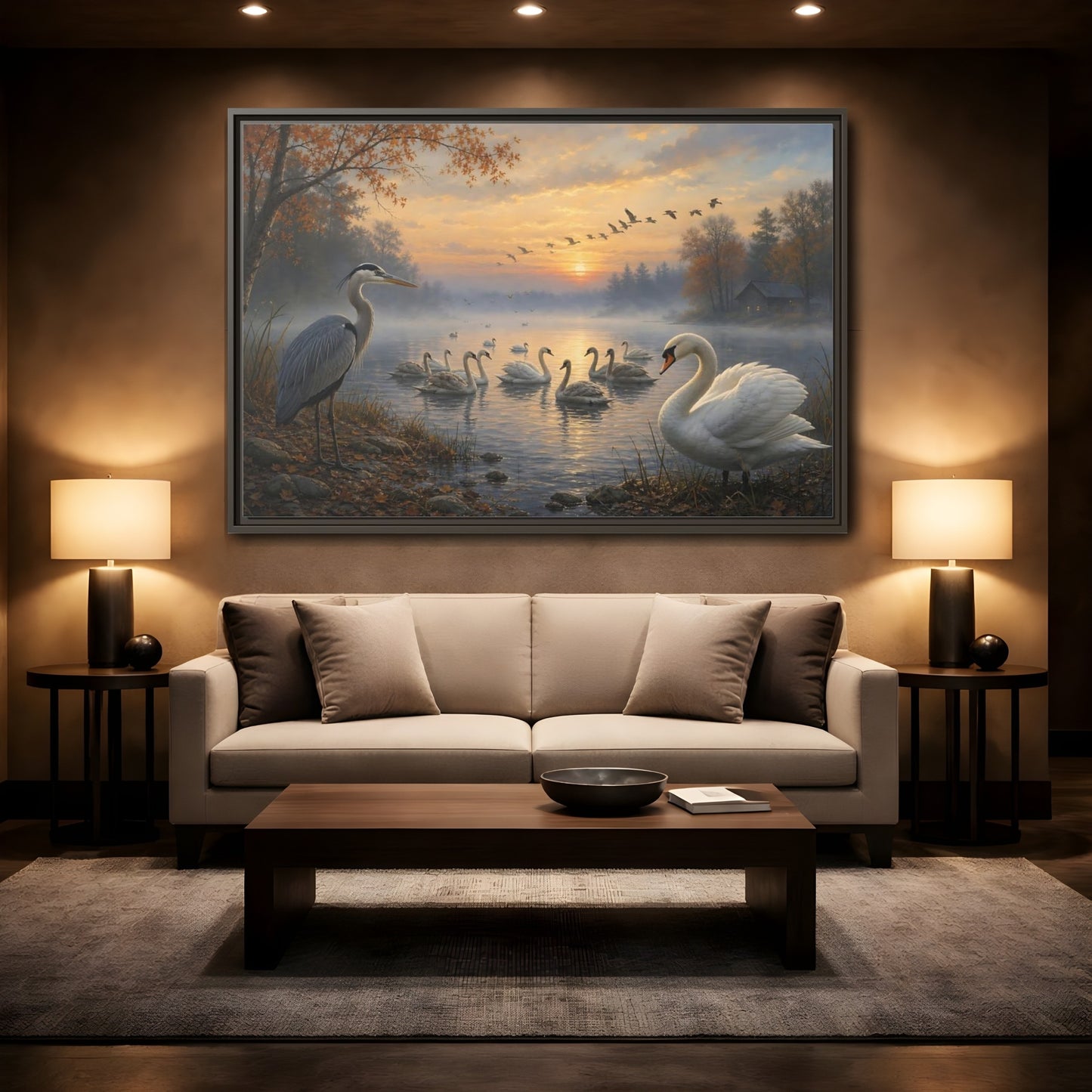 Mockup 2. Nature Heron, Swans Autumn Lake Birds shown as stretched canvas wall art