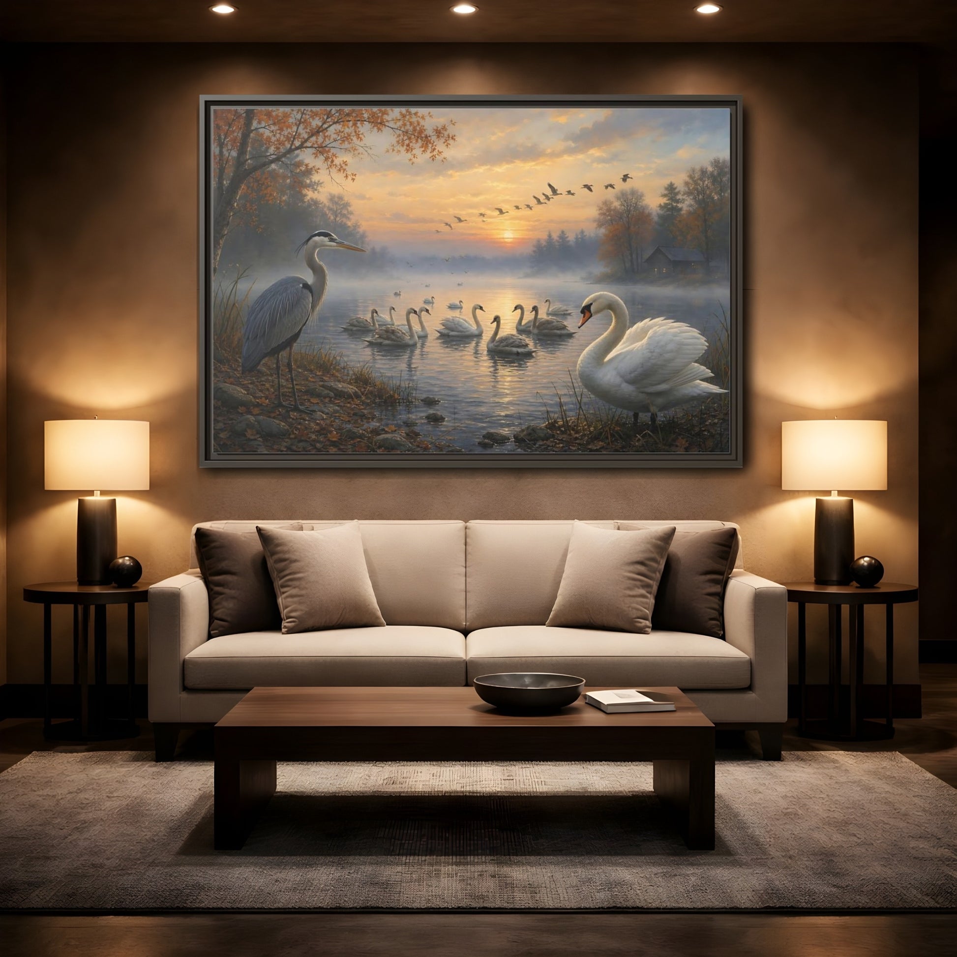 Mockup 2. Nature Heron, Swans Autumn Lake Birds shown as stretched canvas wall art