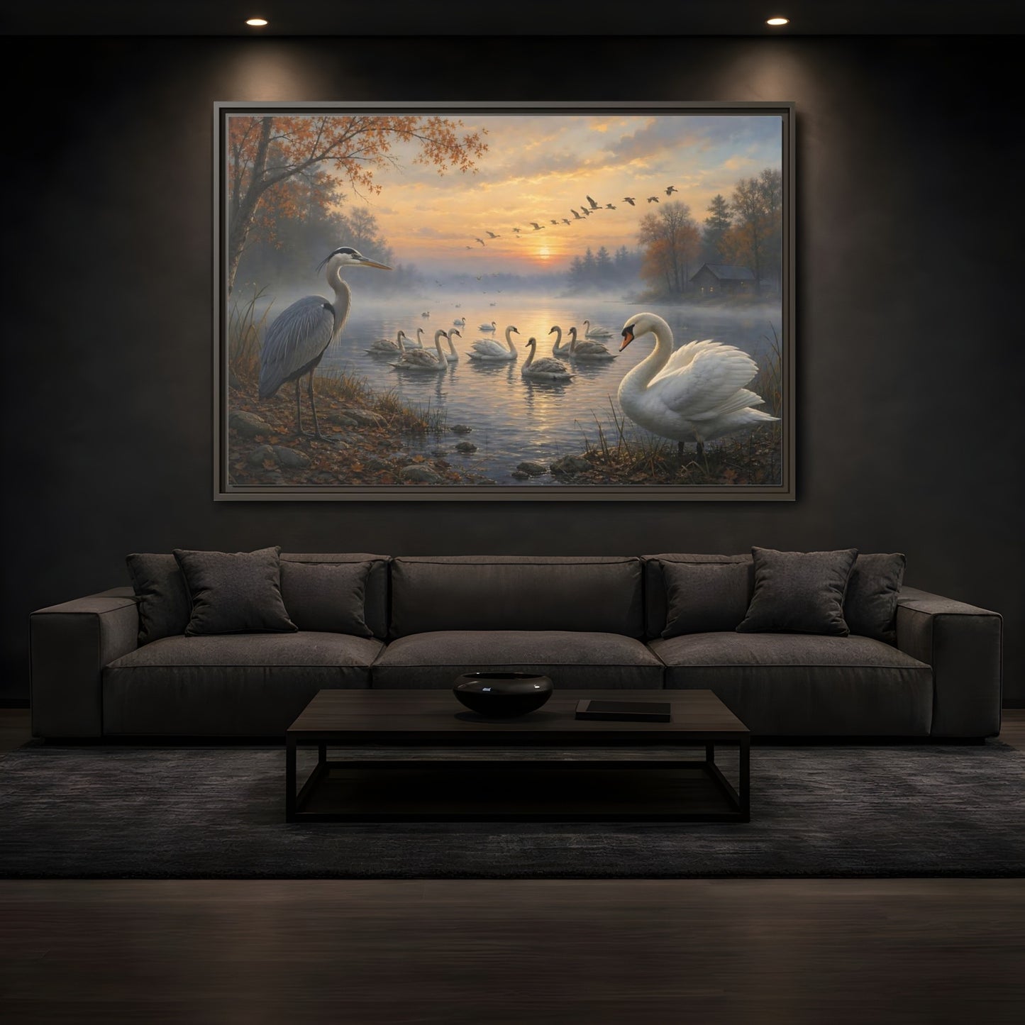 Mockup 3. Nature Heron, Swans Autumn Lake Birds shown as stretched canvas wall art