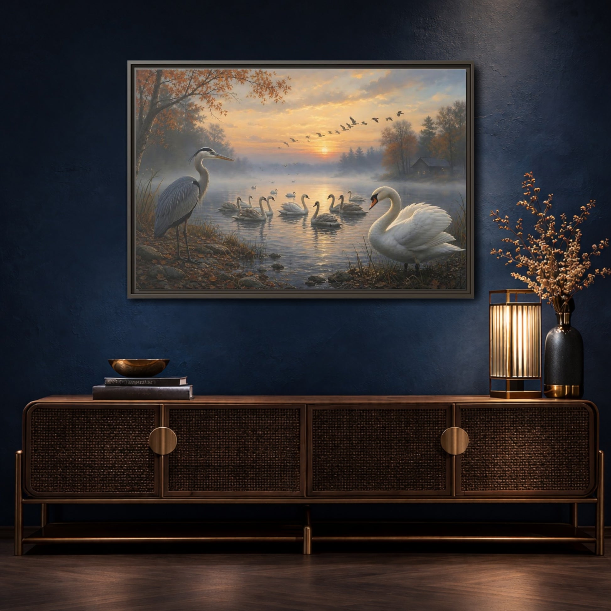 Mockup 4. Nature Heron, Swans Autumn Lake Birds shown as stretched canvas wall art