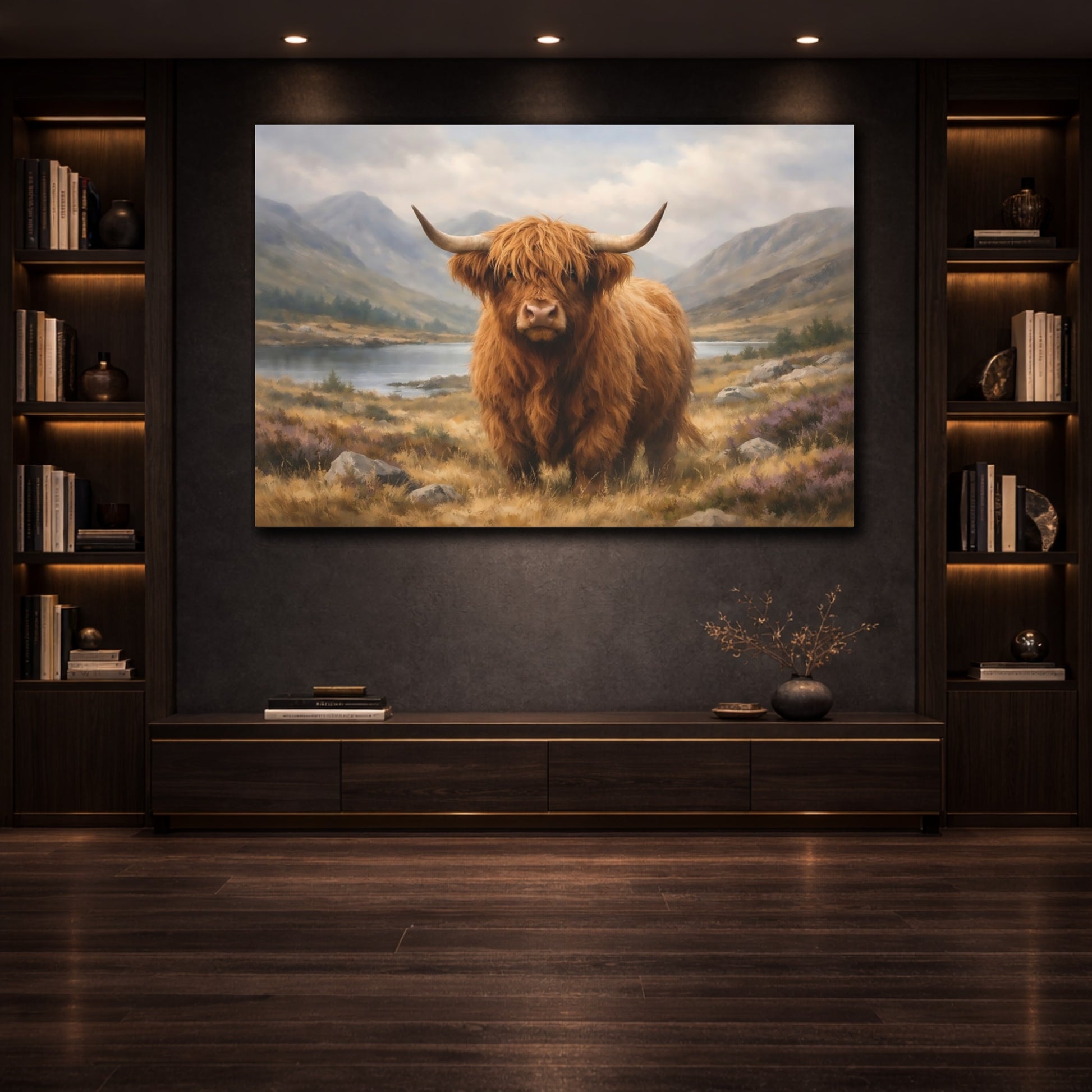 Mockup 2. Nature Highland Cow shown as stretched canvas wall art