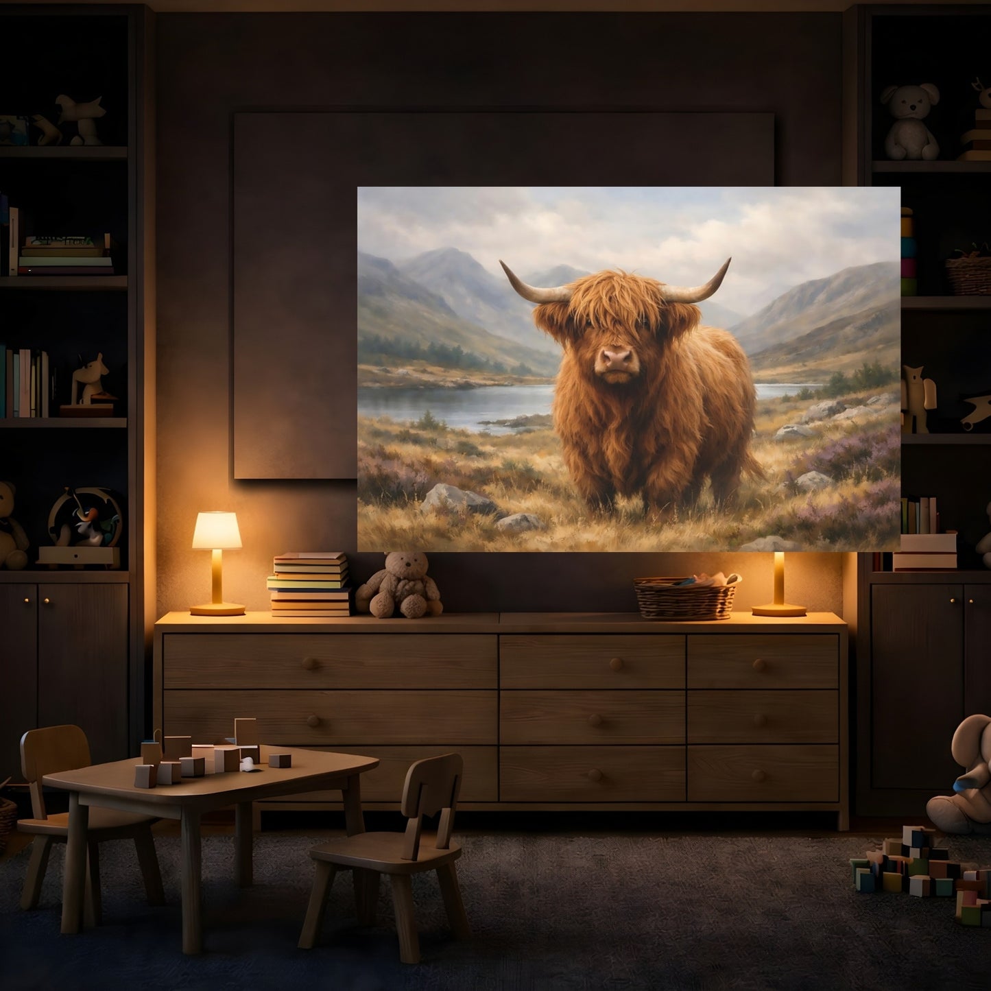 Mockup 3. Nature Highland Cow shown as stretched canvas wall art