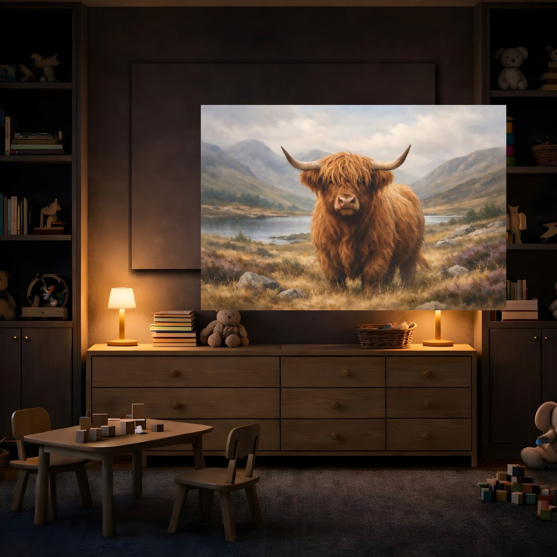 Mockup 3. Nature Highland Cow shown as stretched canvas wall art