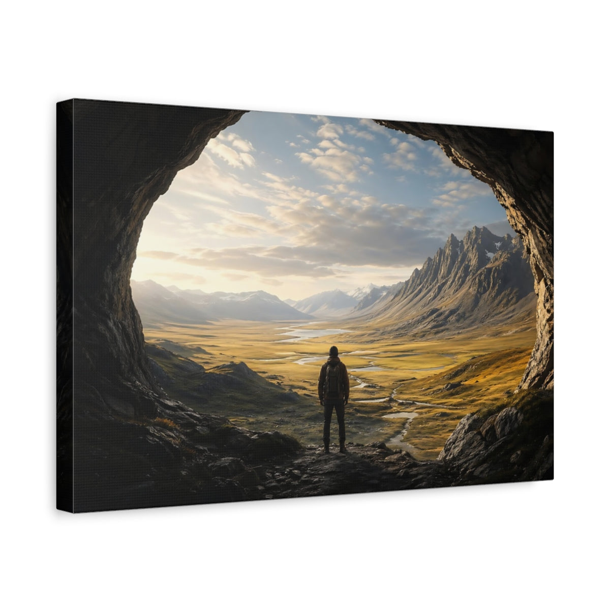 Side Mockup 4. Nature Hiker, Valley Brown And Gold shown as stretched canvas wall art