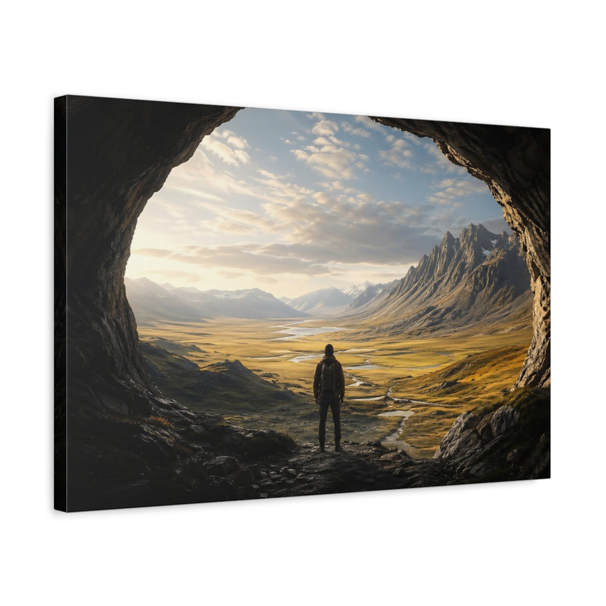 Side Mockup 3. Nature Hiker, Valley Brown And Gold shown as stretched canvas wall art