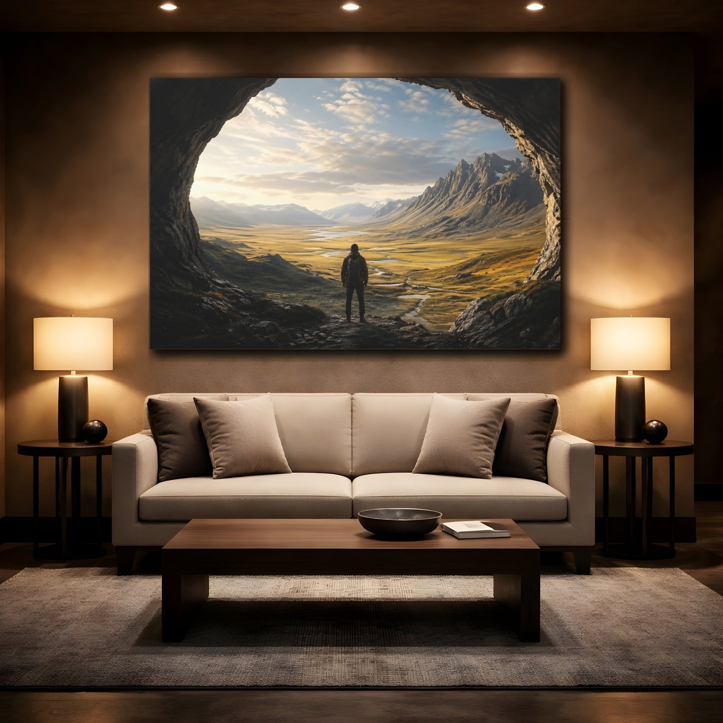 Mockup 2. Nature Hiker, Valley Brown And Gold shown as stretched canvas wall art