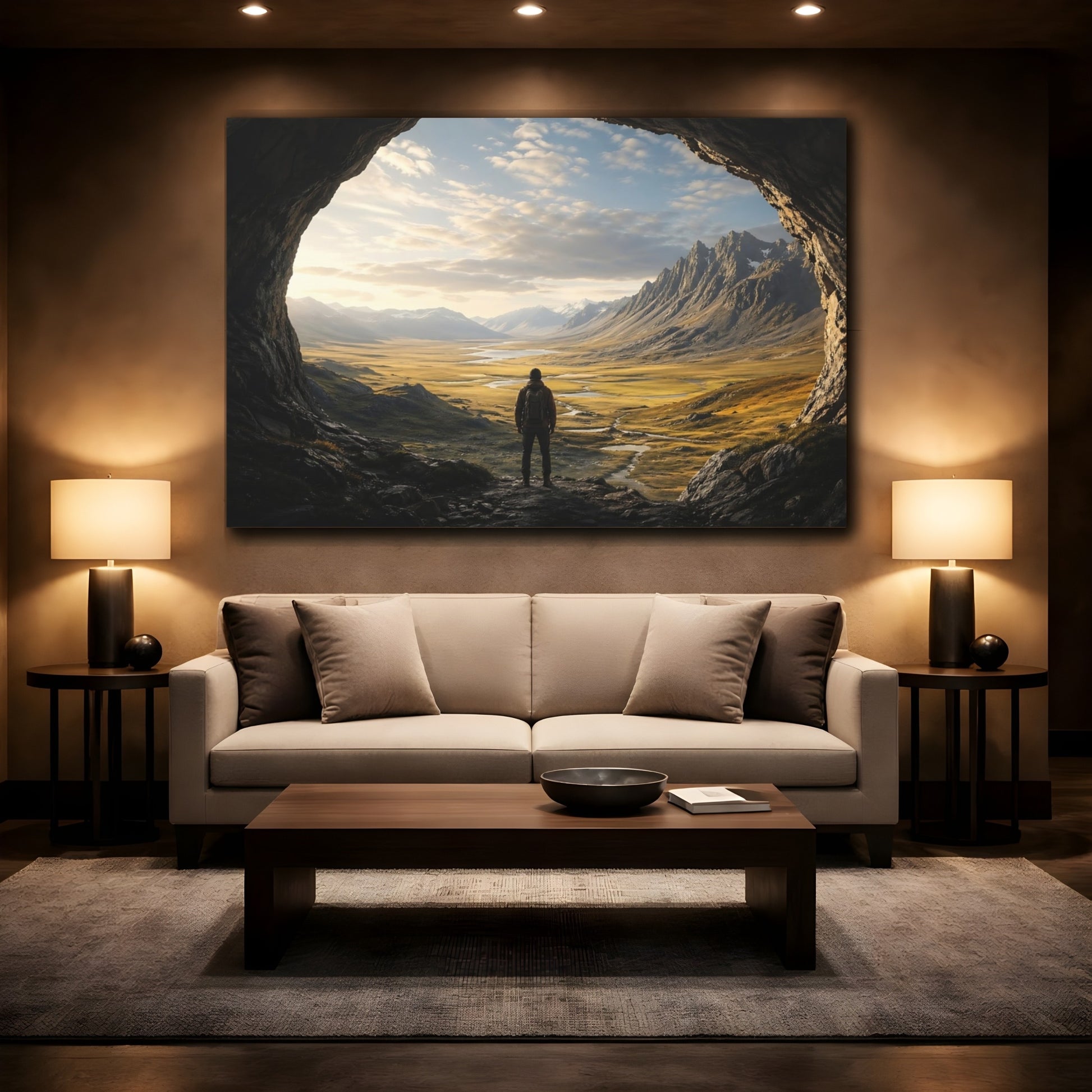 Mockup 2. Nature Hiker, Valley Brown And Gold shown as stretched canvas wall art