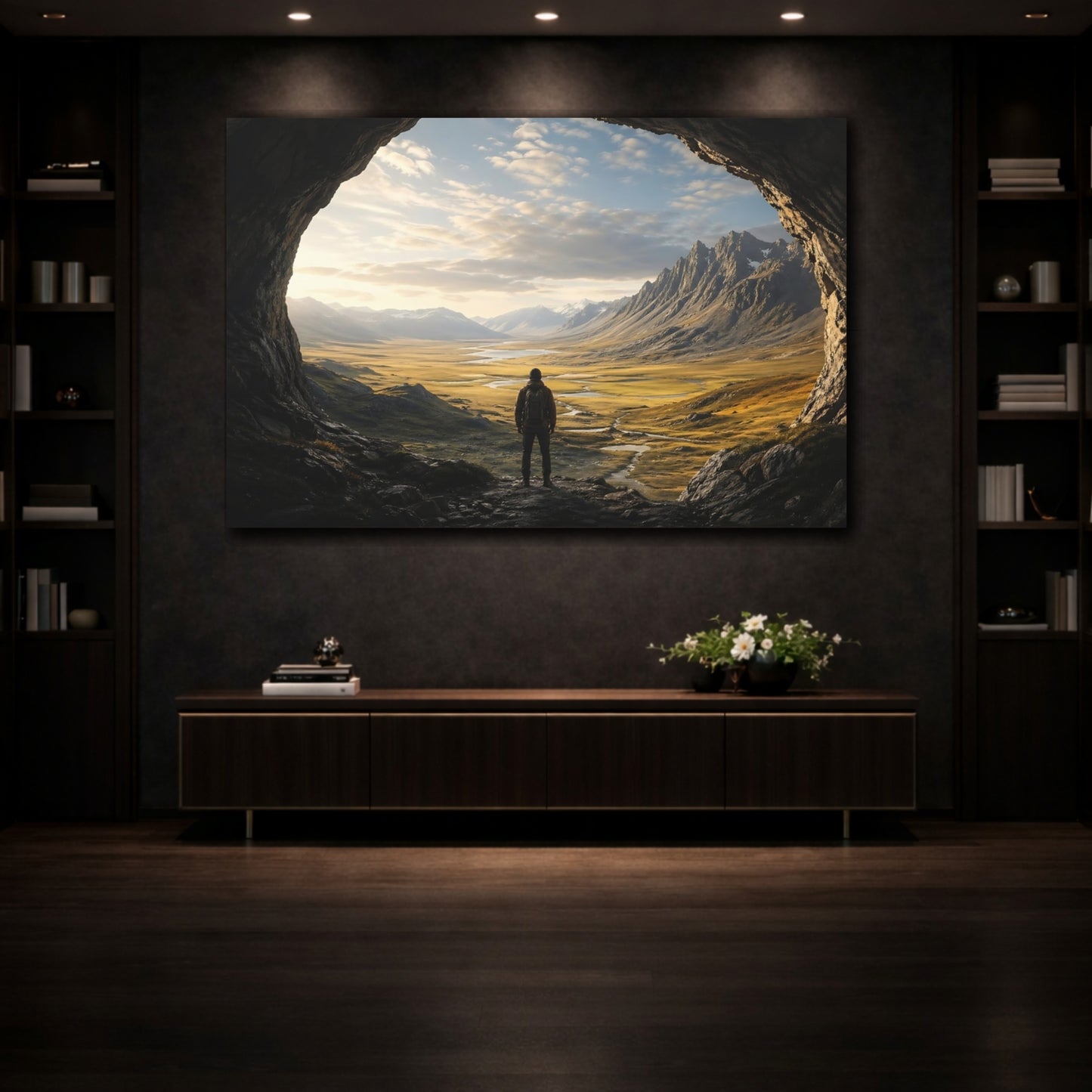 Mockup 3. Nature Hiker, Valley Brown And Gold shown as stretched canvas wall art
