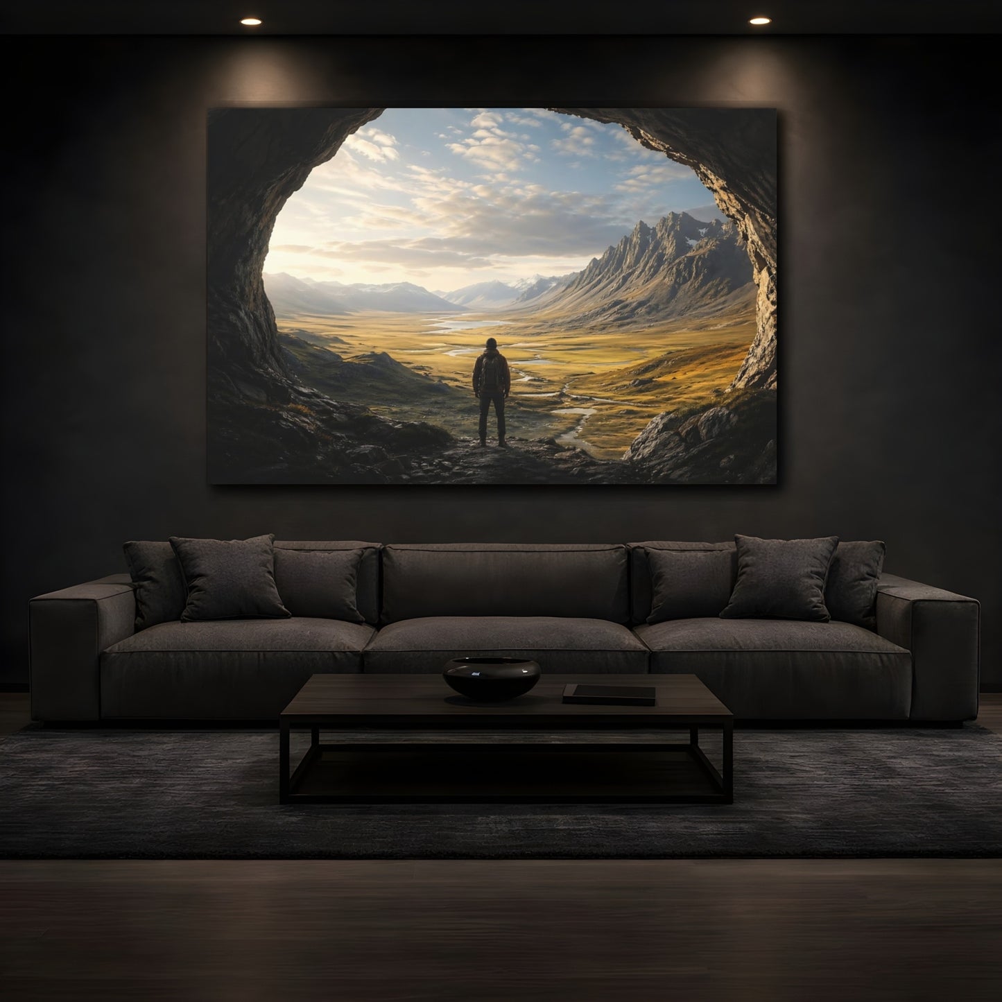 Mockup 4. Nature Hiker, Valley Brown And Gold shown as stretched canvas wall art