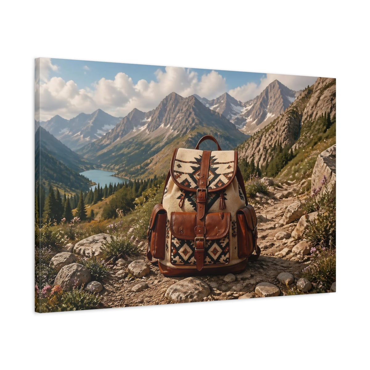Main Mockup. Nature Hiking Backpack Brown And Blue shown as stretched canvas wall art