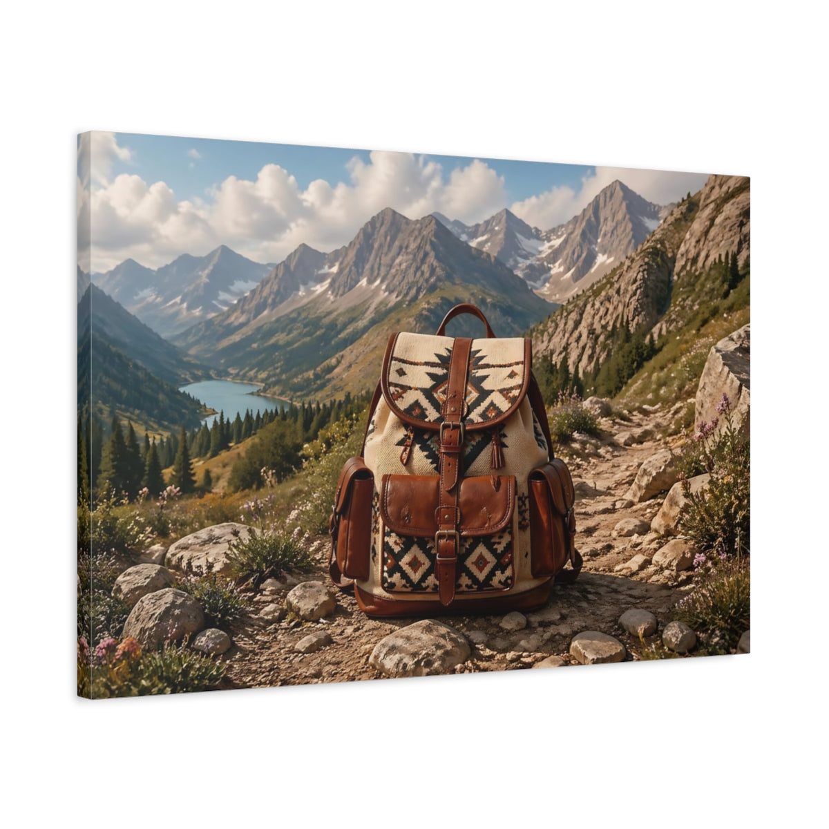 Side Mockup 2. Nature Hiking Backpack Brown And Blue shown as stretched canvas wall art