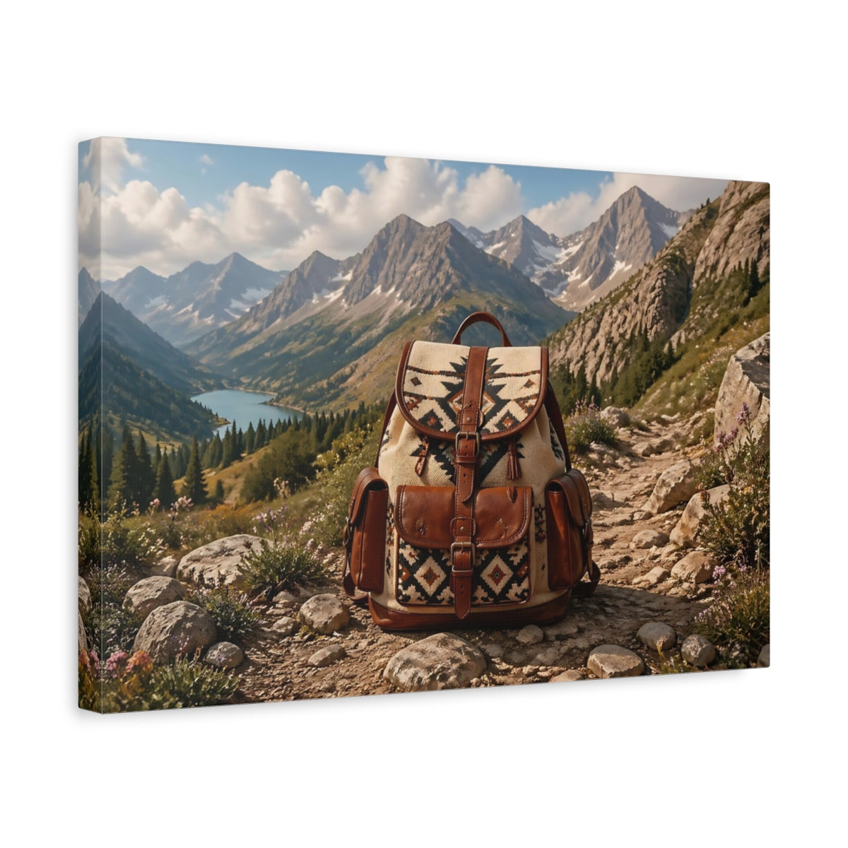 Side Mockup 4. Nature Hiking Backpack Brown And Blue shown as stretched canvas wall art