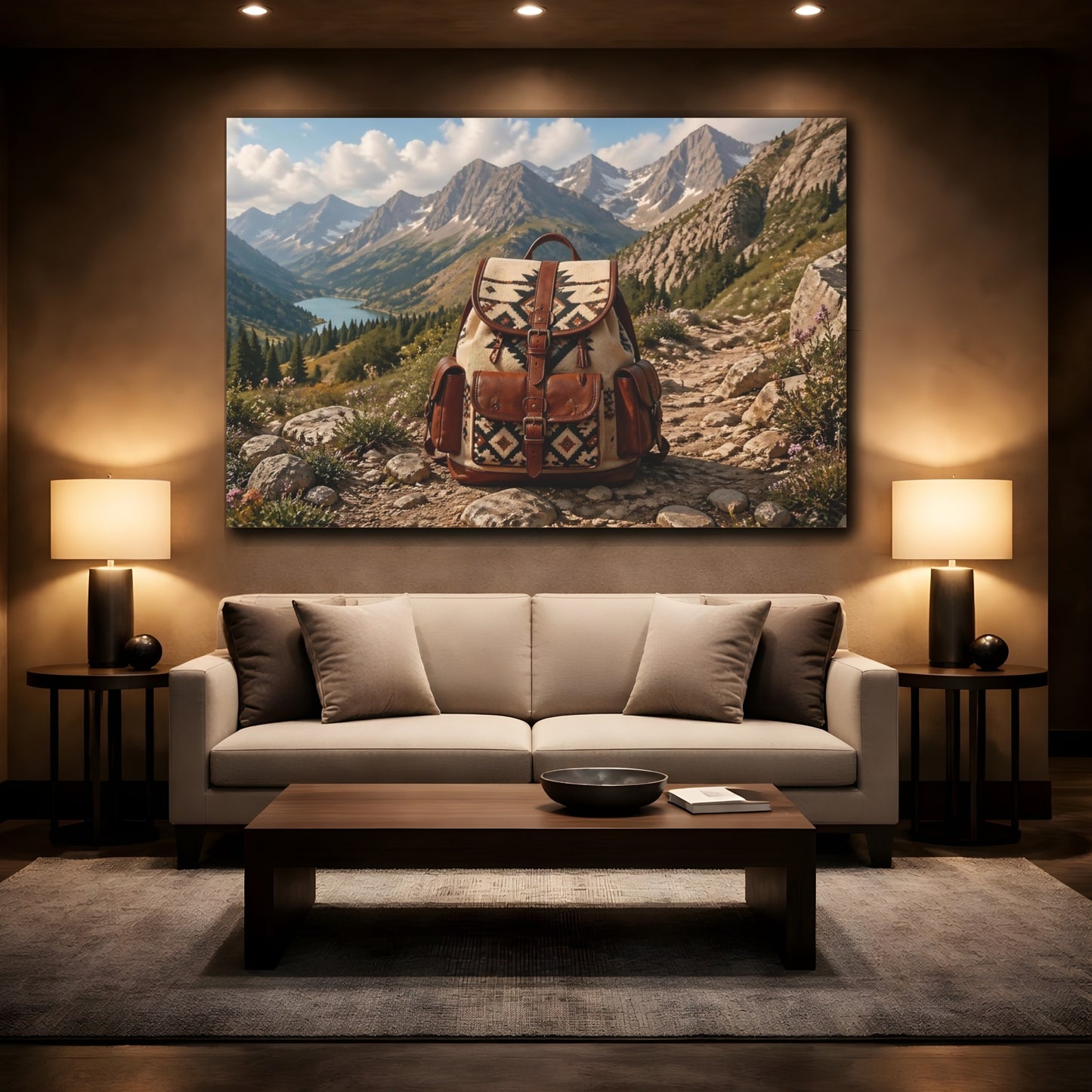 Mockup 2. Nature Hiking Backpack Brown And Blue shown as stretched canvas wall art