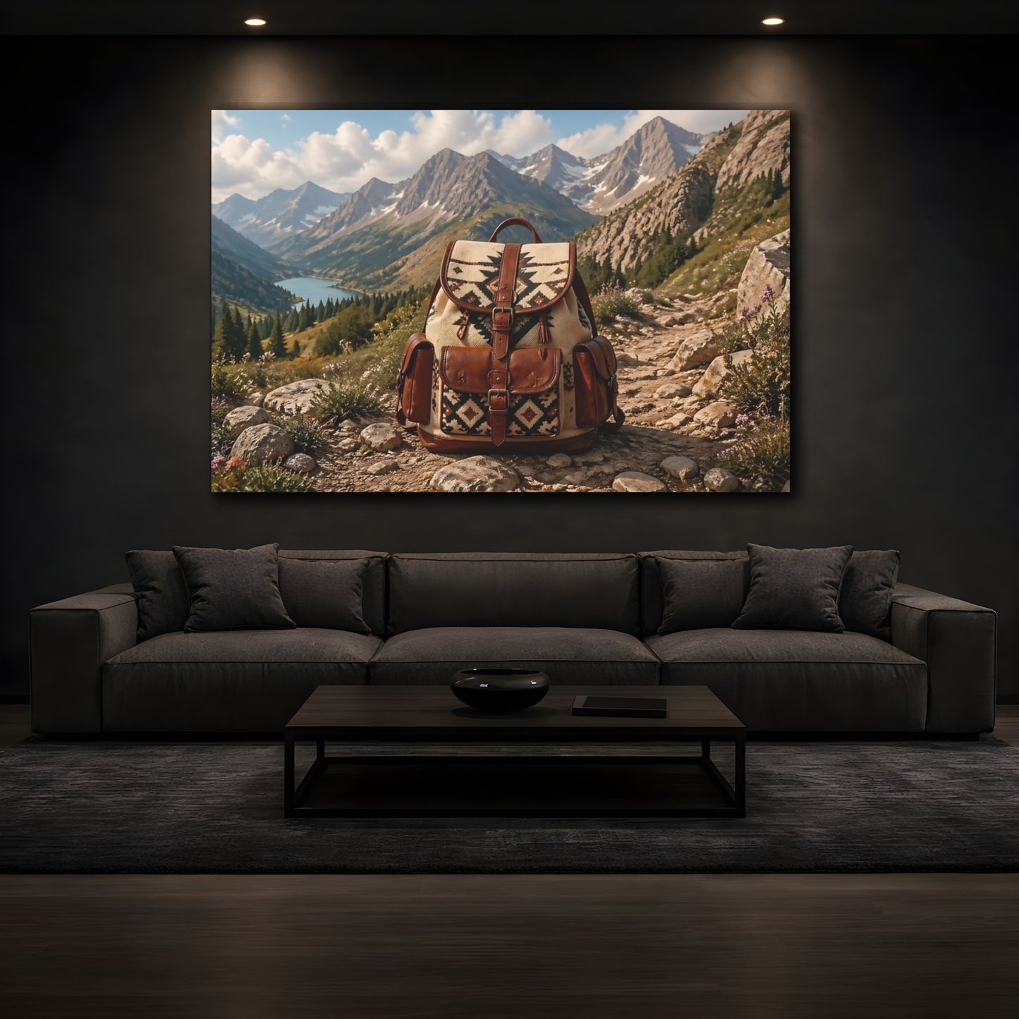 Mockup 3. Nature Hiking Backpack Brown And Blue shown as stretched canvas wall art