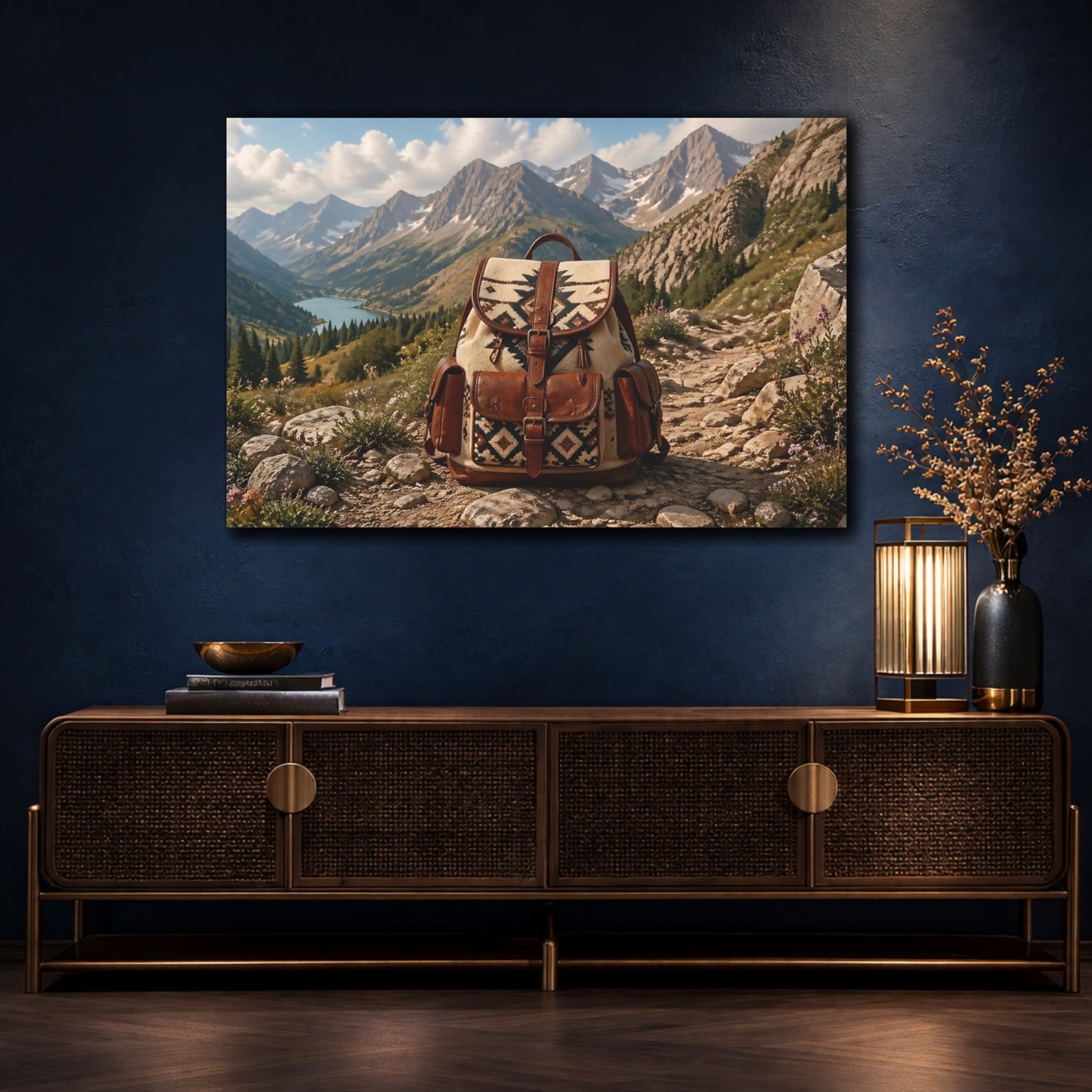 Mockup 4. Nature Hiking Backpack Brown And Blue shown as stretched canvas wall art