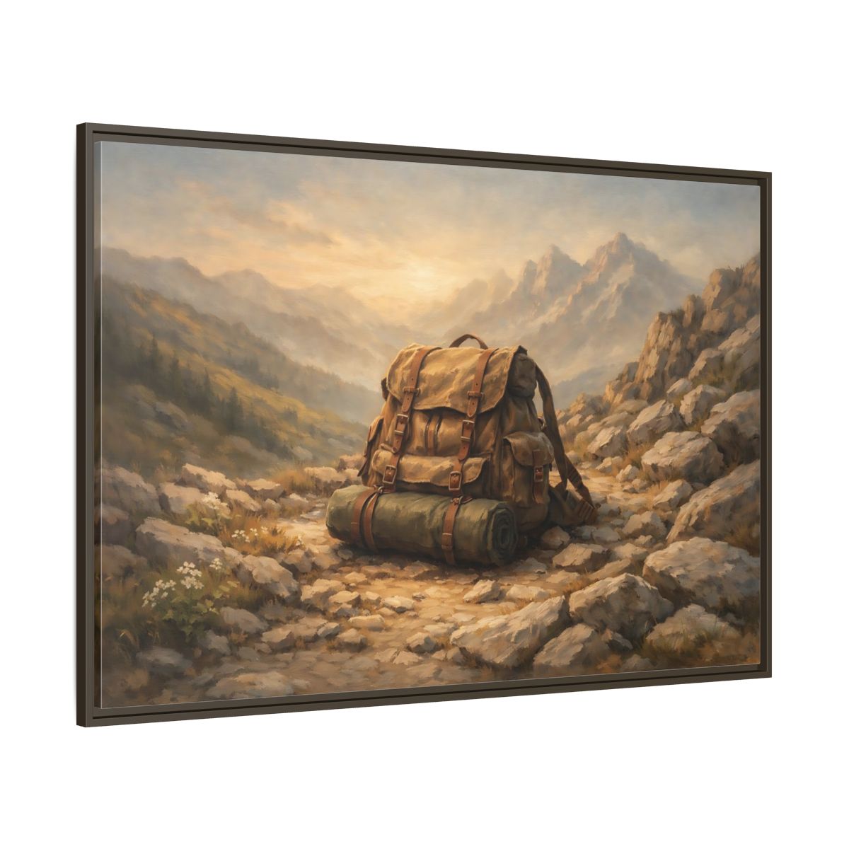 Main Mockup. Nature Hiking Backpack Brown And Green Backpack shown as stretched canvas wall art