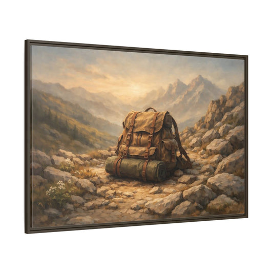 Main Mockup. Nature Hiking Backpack Brown And Green Backpack shown as stretched canvas wall art