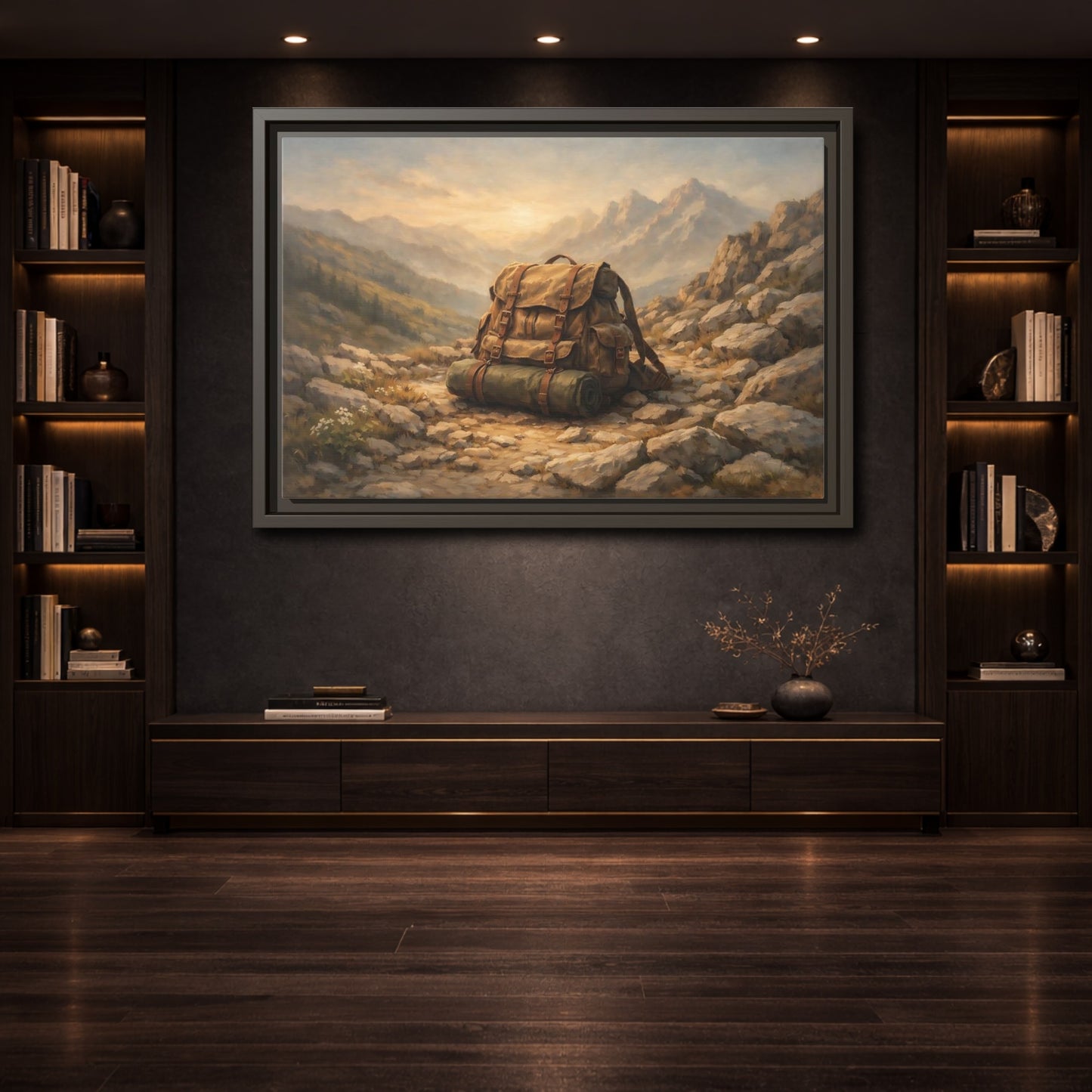 Mockup 3. Nature Hiking Backpack Brown And Green Backpack shown as stretched canvas wall art