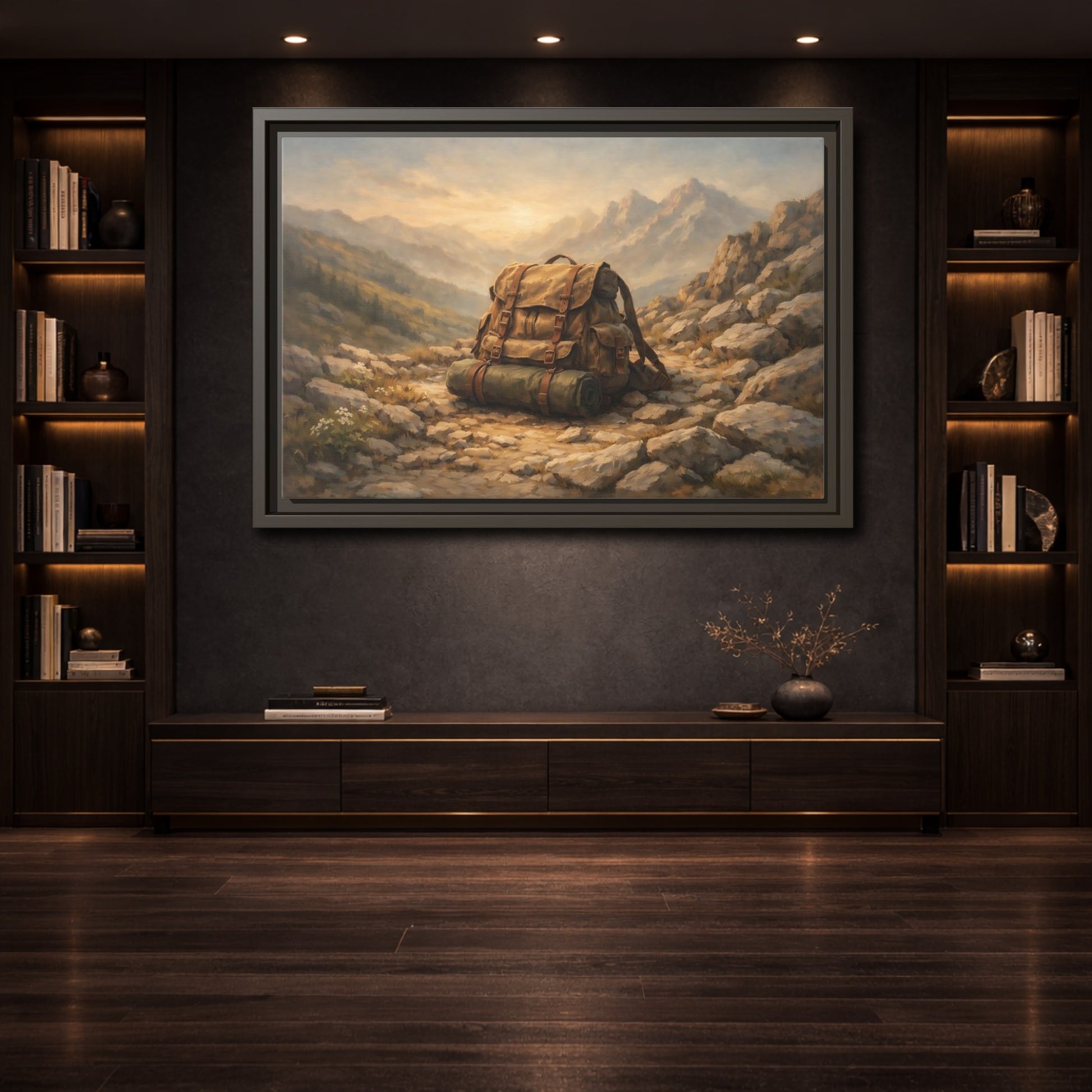 Mockup 3. Nature Hiking Backpack Brown And Green Backpack shown as stretched canvas wall art