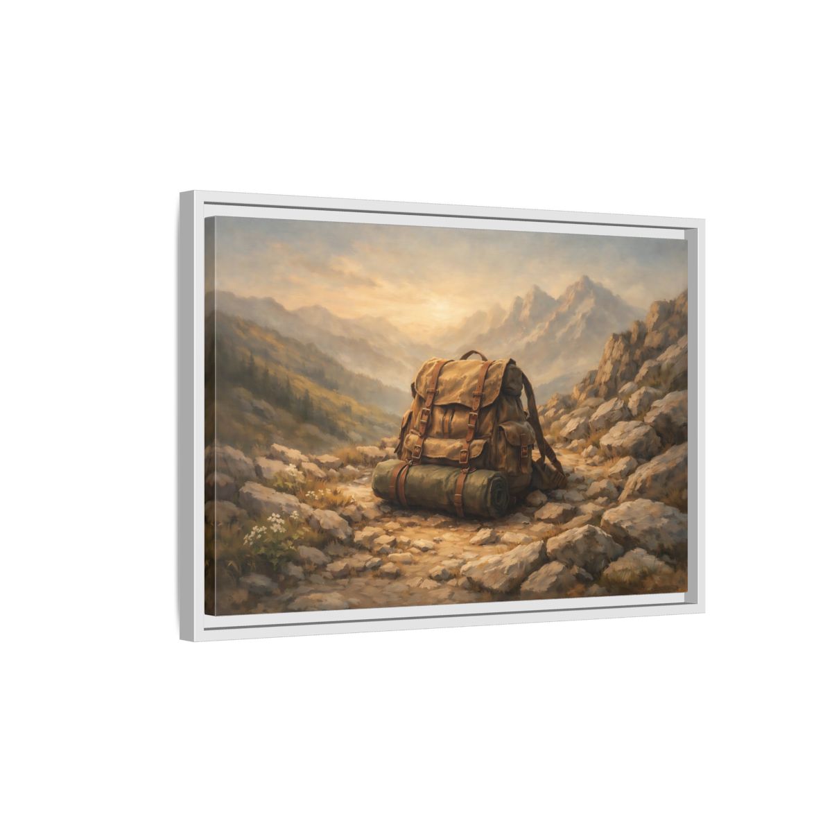 Side Mockup 1. Nature Hiking Backpack Brown And Green Backpack shown as stretched canvas wall art