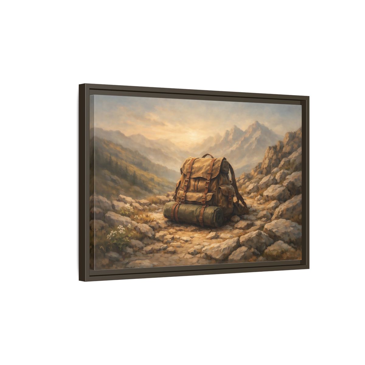 Side Mockup 2. Nature Hiking Backpack Brown And Green Backpack shown as stretched canvas wall art
