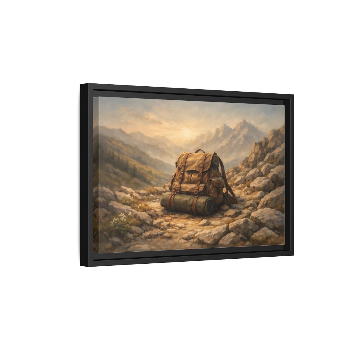 Side Mockup 6. Nature Hiking Backpack Brown And Green Backpack shown as stretched canvas wall art