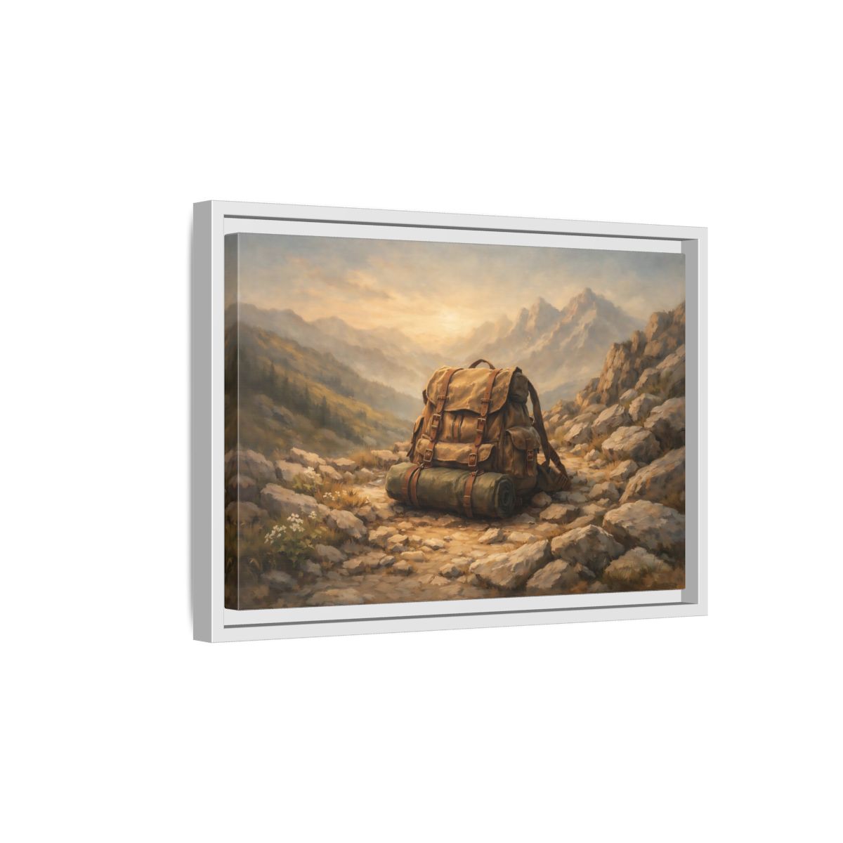 Side Mockup 4. Nature Hiking Backpack Brown And Green Backpack shown as stretched canvas wall art