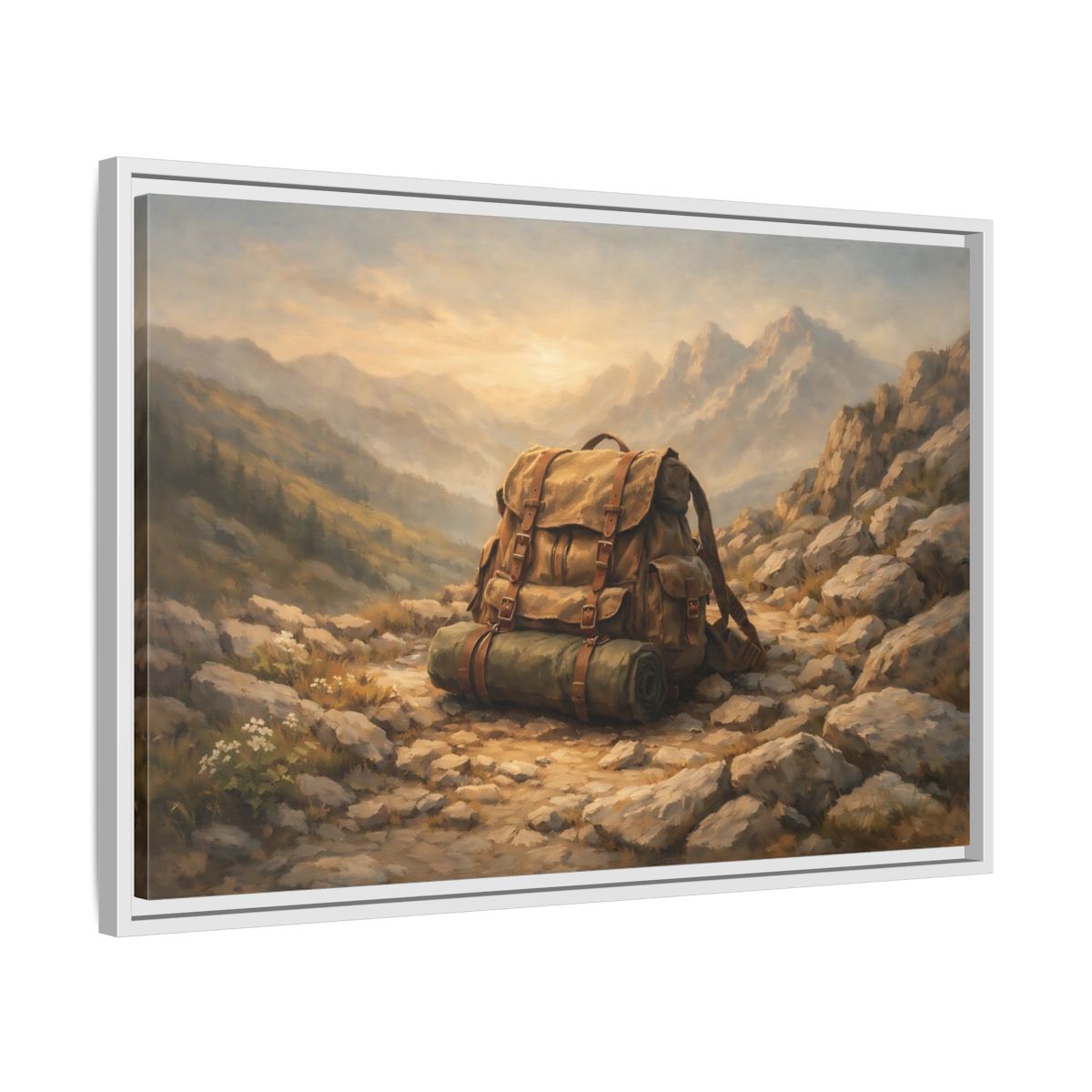 Side Mockup 10. Nature Hiking Backpack Brown And Green Backpack shown as stretched canvas wall art