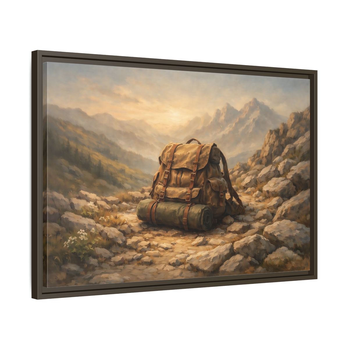 Side Mockup 11. Nature Hiking Backpack Brown And Green Backpack shown as stretched canvas wall art