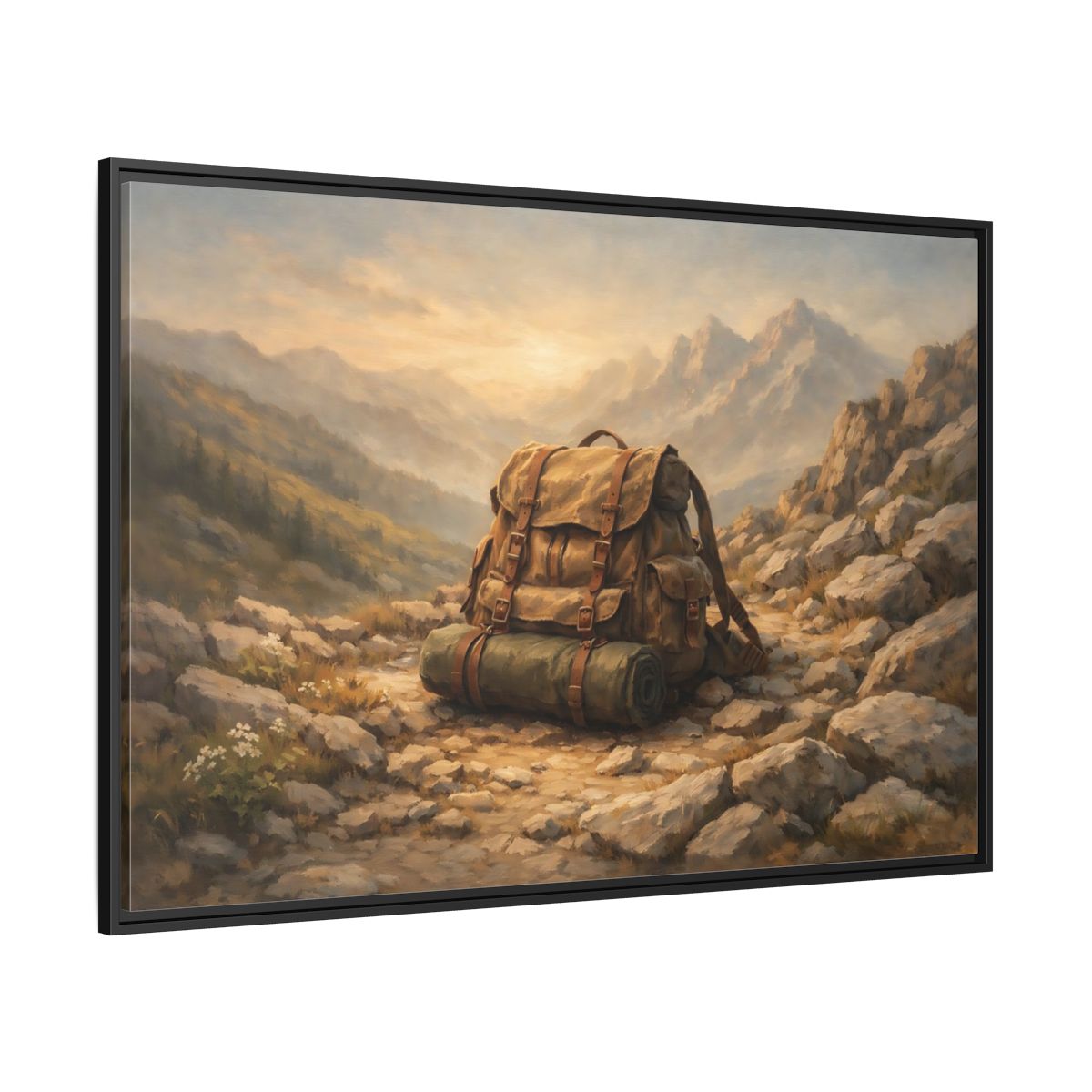 Side Mockup 12. Nature Hiking Backpack Brown And Green Backpack shown as stretched canvas wall art