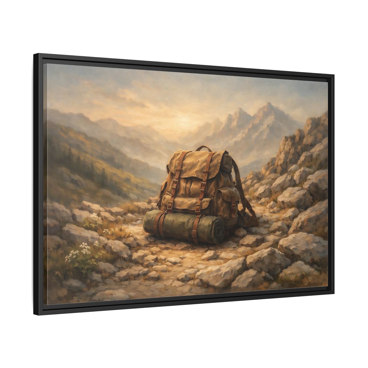 Side Mockup 13. Nature Hiking Backpack Brown And Green Backpack shown as stretched canvas wall art