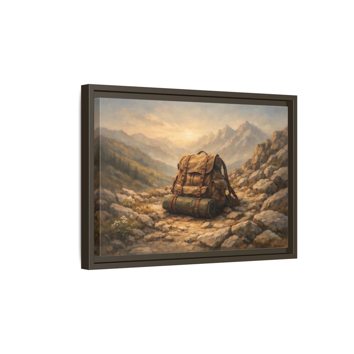 Side Mockup 5. Nature Hiking Backpack Brown And Green Backpack shown as stretched canvas wall art
