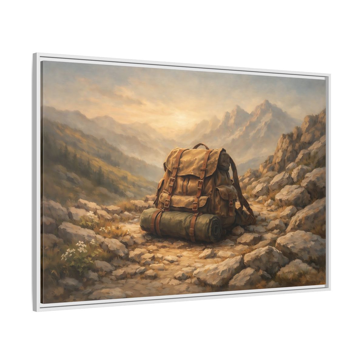 Side Mockup 7. Nature Hiking Backpack Brown And Green Backpack shown as stretched canvas wall art